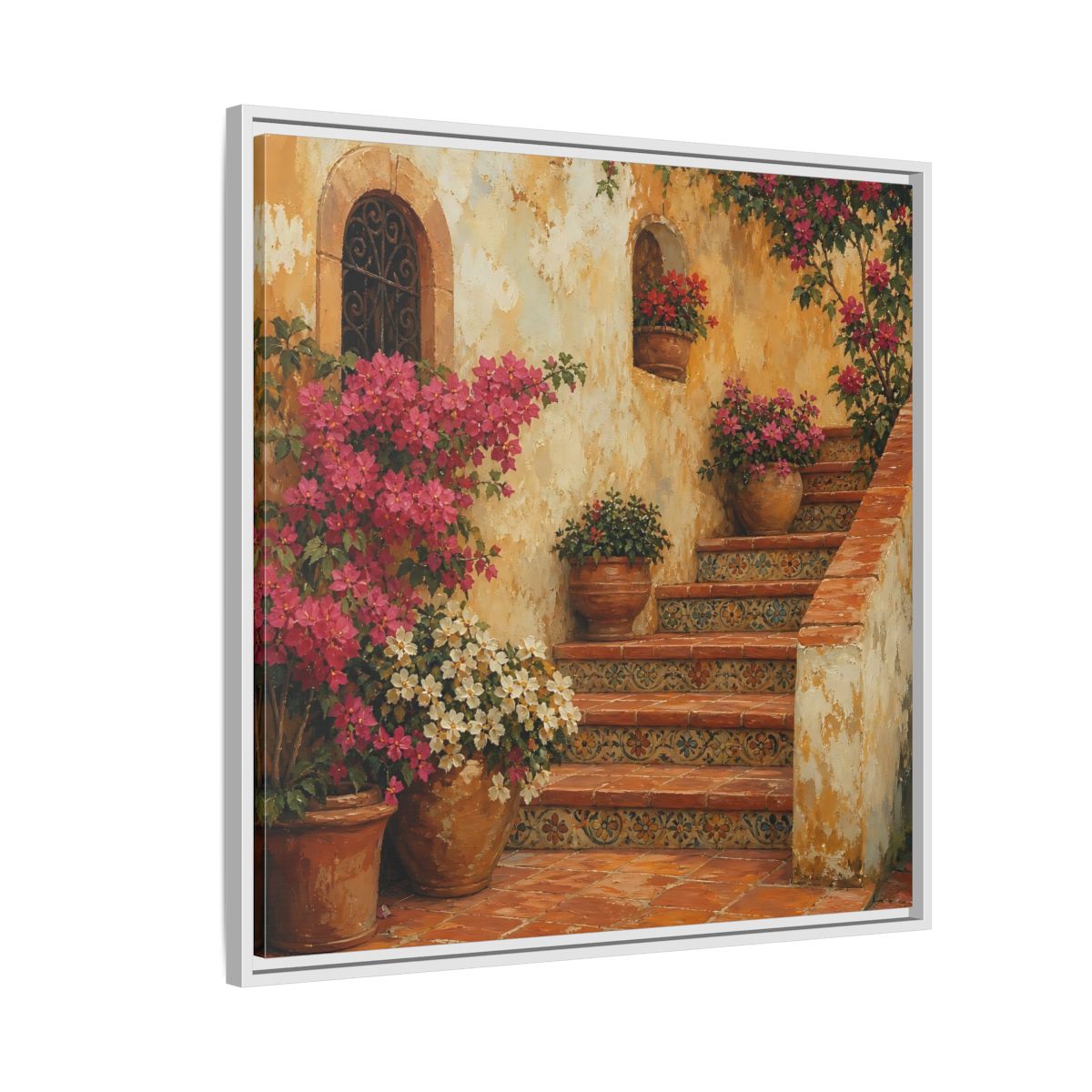 Side Mockup 7. Vintage Oil Painting Terracotta Stairway With Flowering Pots shown as stretched canvas wall art