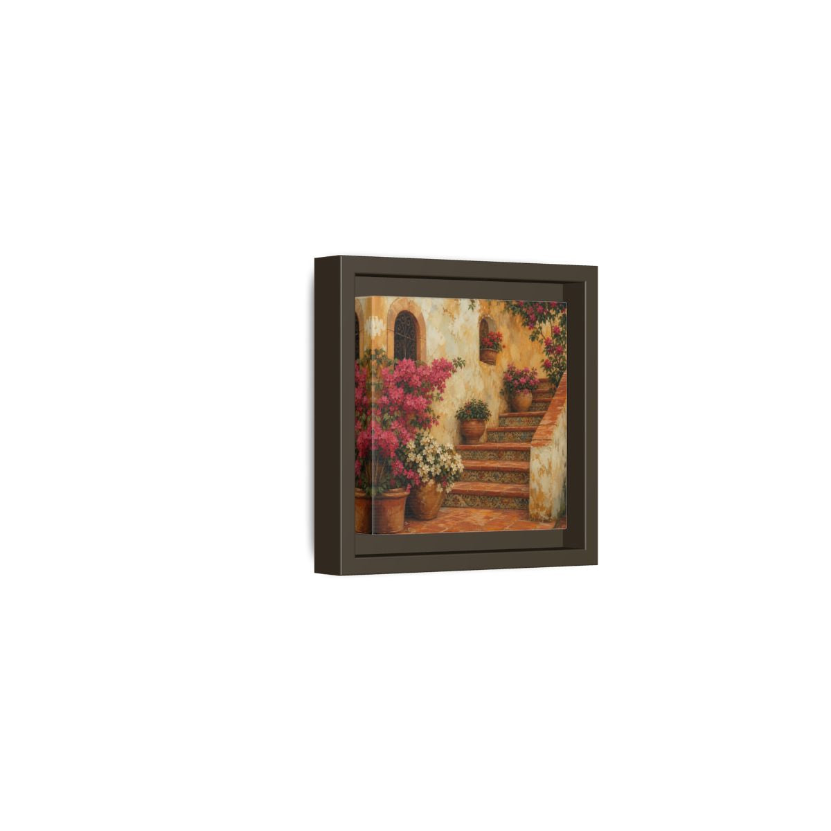 Side Mockup 23. Vintage Oil Painting Terracotta Stairway With Flowering Pots shown as stretched canvas wall art