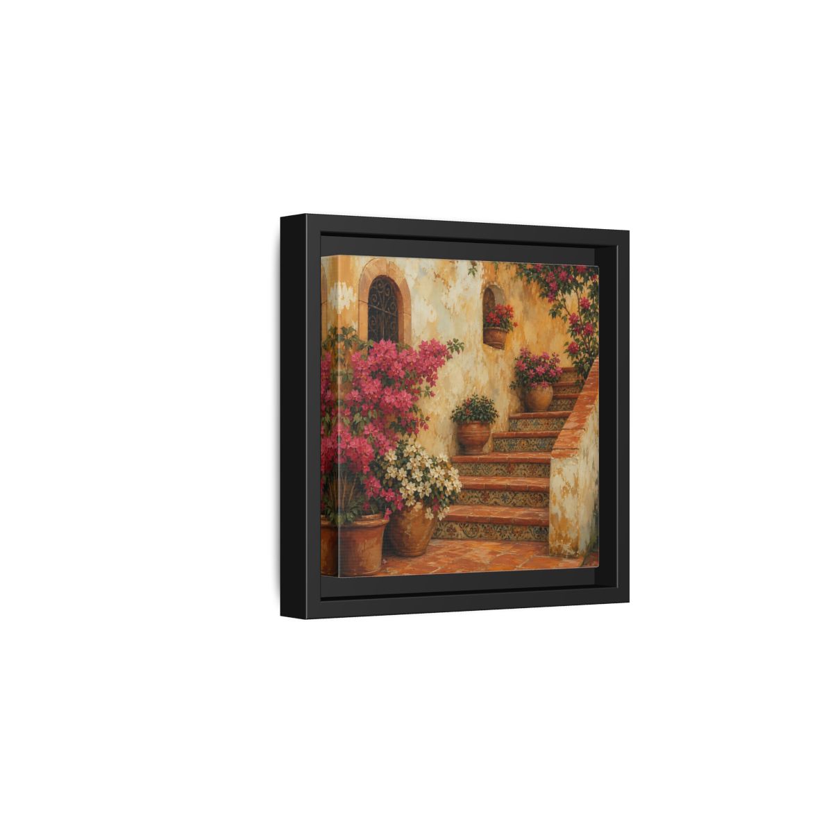 Side Mockup 3. Vintage Oil Painting Terracotta Stairway With Flowering Pots shown as stretched canvas wall art