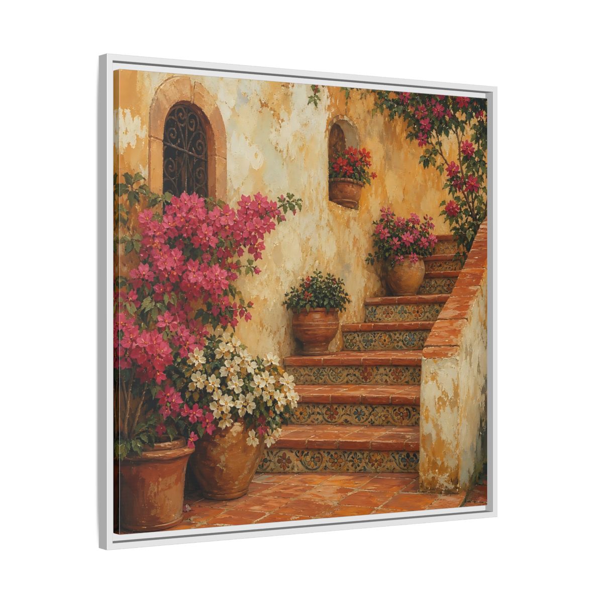 Side Mockup 25. Vintage Oil Painting Terracotta Stairway With Flowering Pots shown as stretched canvas wall art
