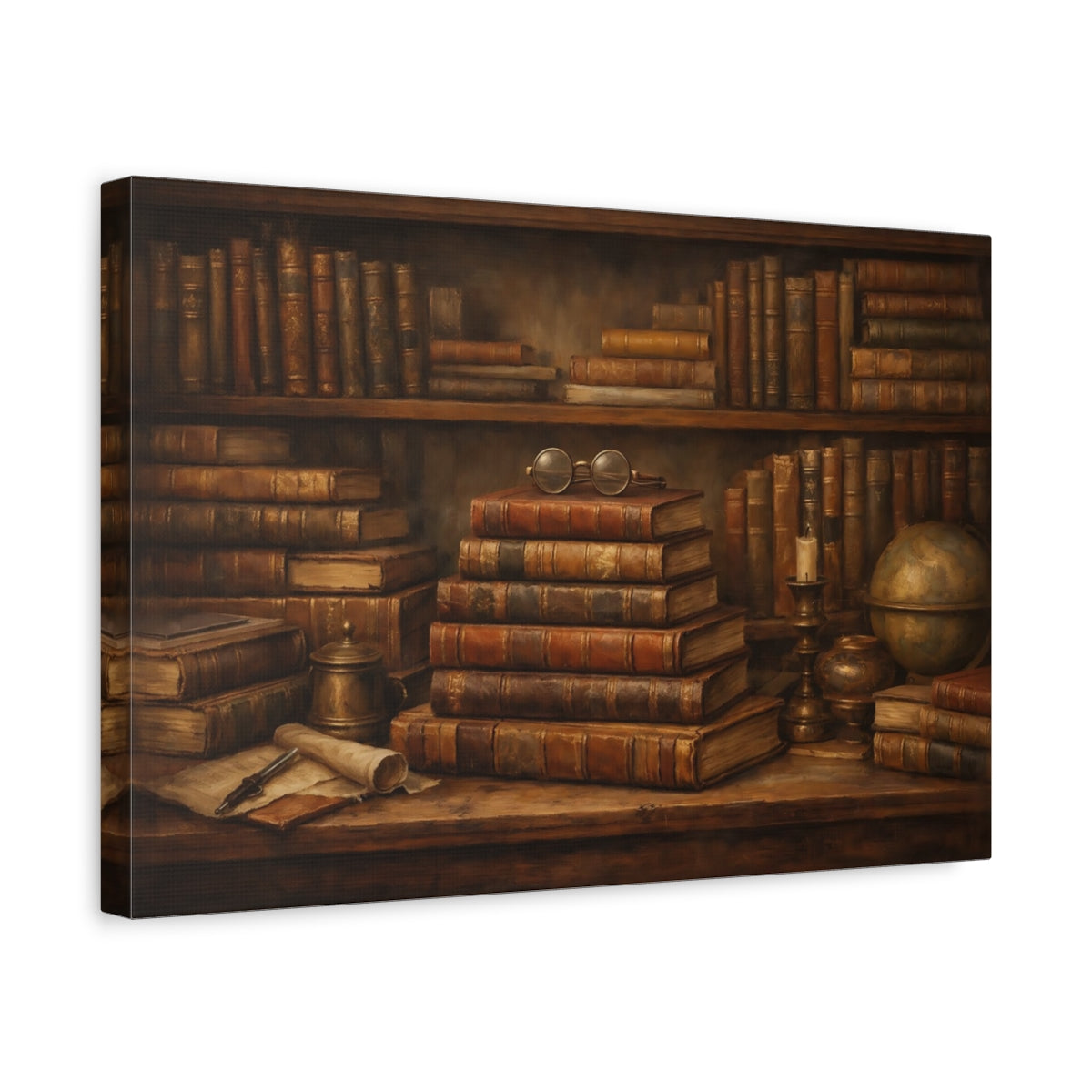 Side Mockup 4. Vintage Old Books Brown And Gold shown as stretched canvas wall art