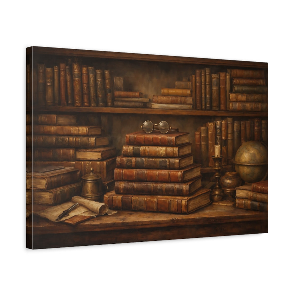 Side Mockup 3. Vintage Old Books Brown And Gold shown as stretched canvas wall art