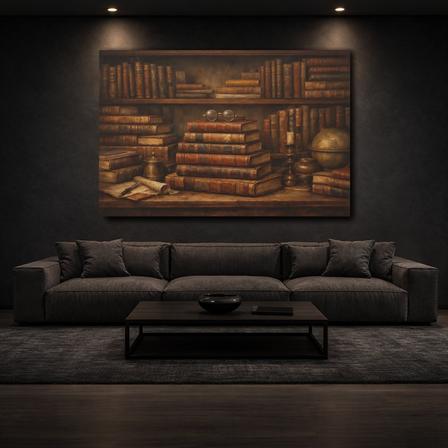 Mockup 2. Vintage Old Books Brown And Gold shown as stretched canvas wall art