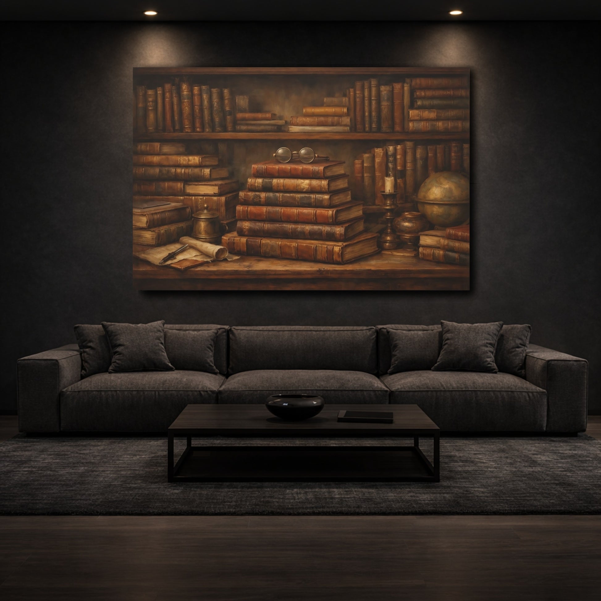 Mockup 2. Vintage Old Books Brown And Gold shown as stretched canvas wall art