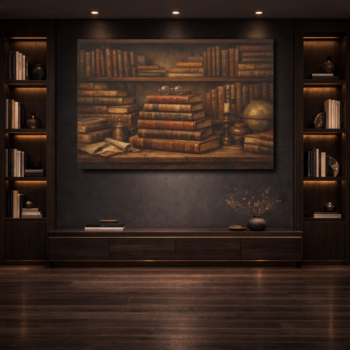 Mockup 3. Vintage Old Books Brown And Gold shown as stretched canvas wall art