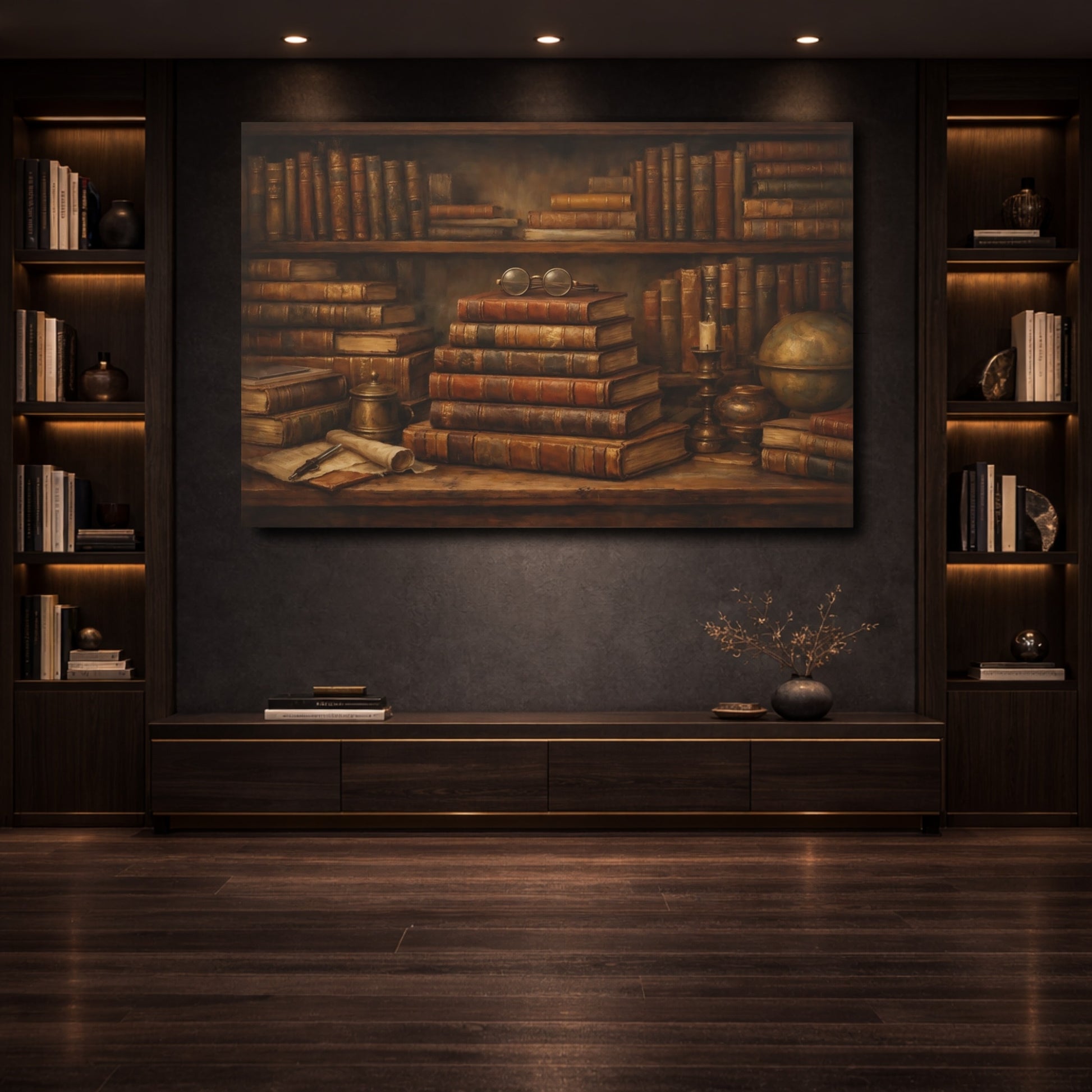 Mockup 3. Vintage Old Books Brown And Gold shown as stretched canvas wall art