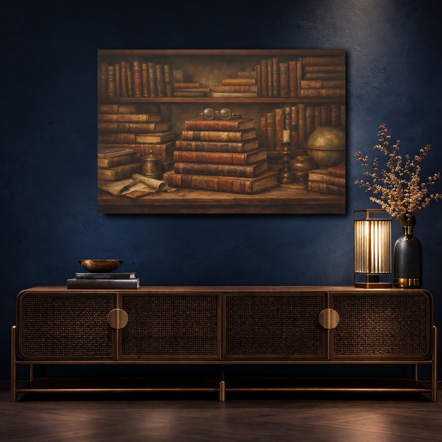 Mockup 4. Vintage Old Books Brown And Gold shown as stretched canvas wall art