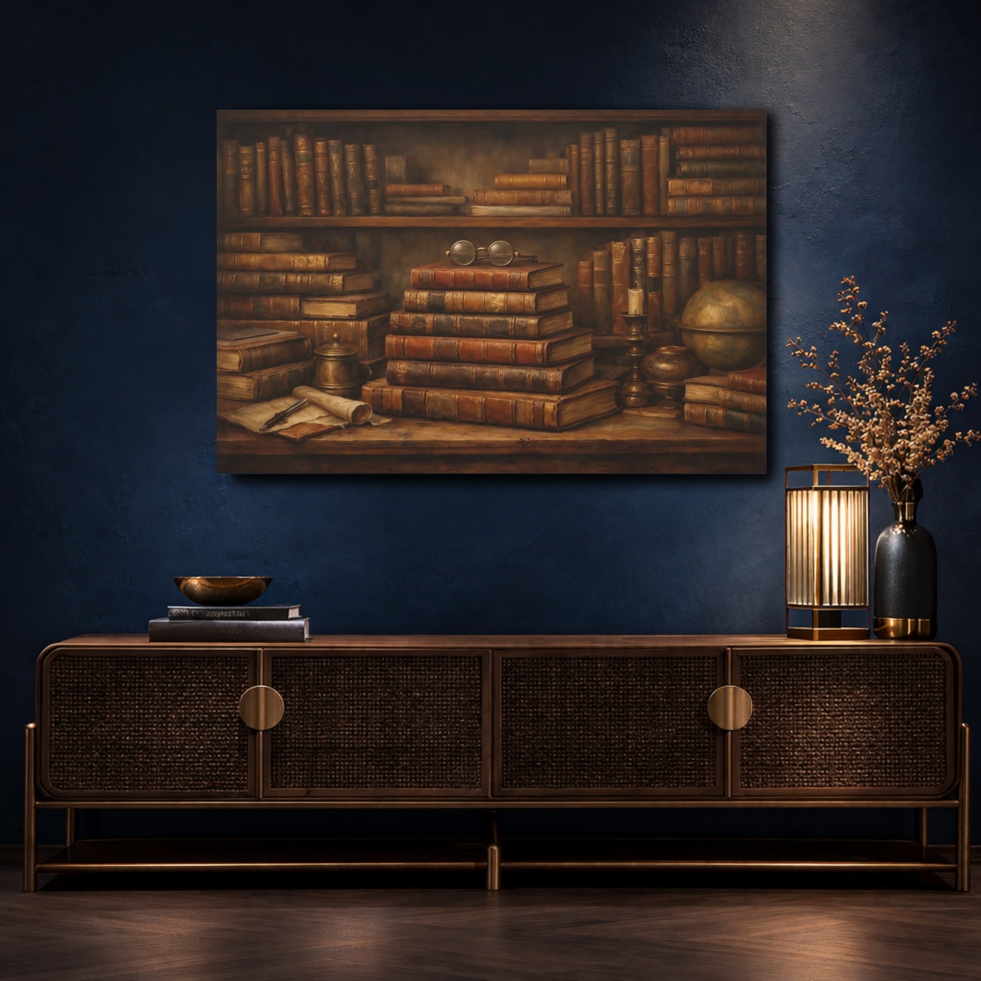 Mockup 4. Vintage Old Books Brown And Gold shown as stretched canvas wall art
