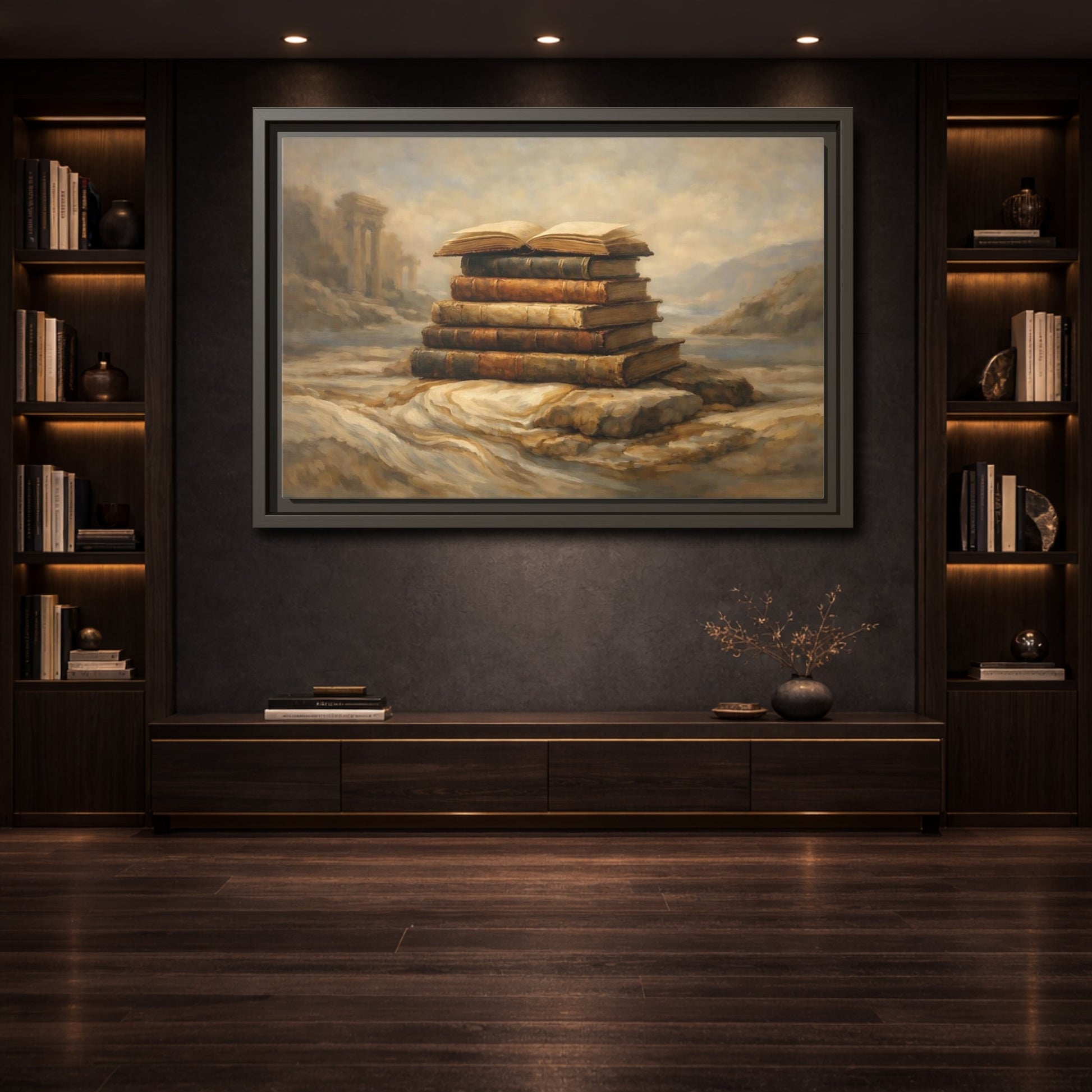 Mockup 3. Vintage Old Books Brown Books shown as stretched canvas wall art