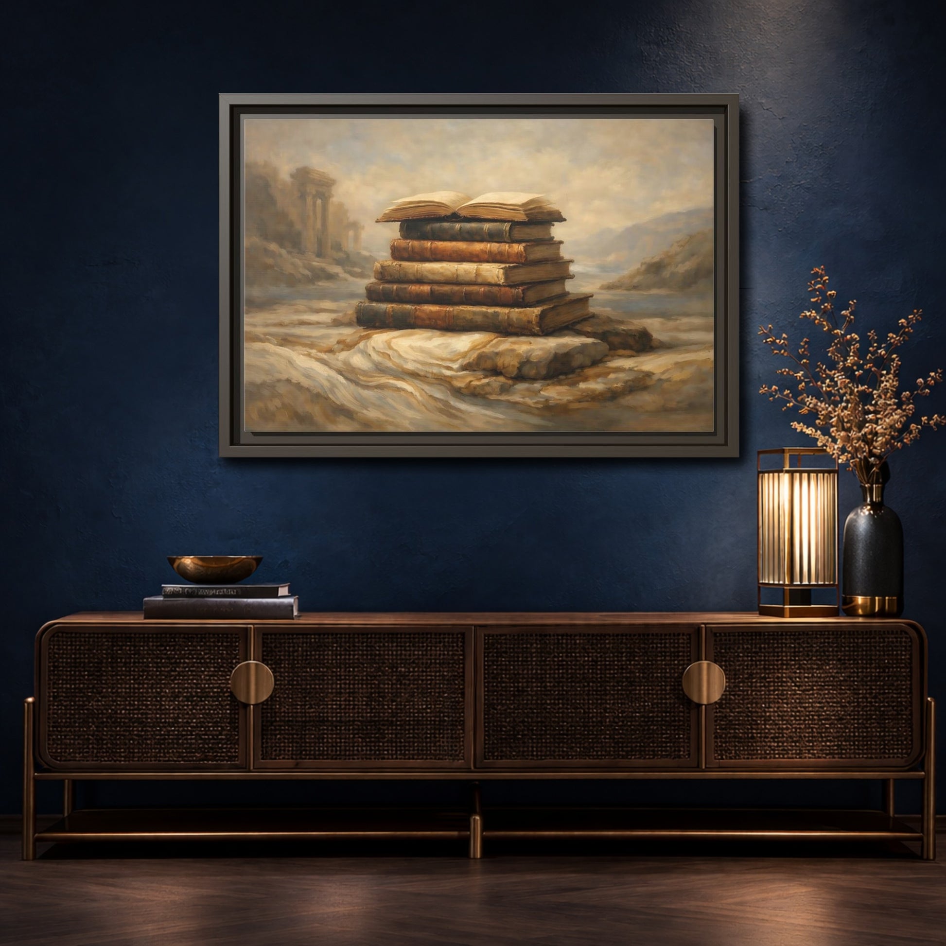 Mockup 4. Vintage Old Books Brown Books shown as stretched canvas wall art