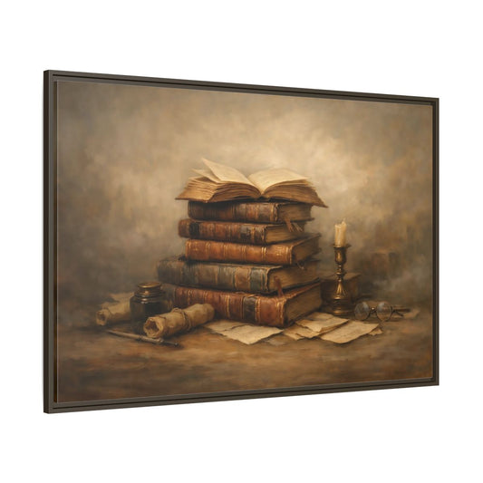 Main Mockup. Vintage Old Books Brown Books Still Life shown as stretched canvas wall art