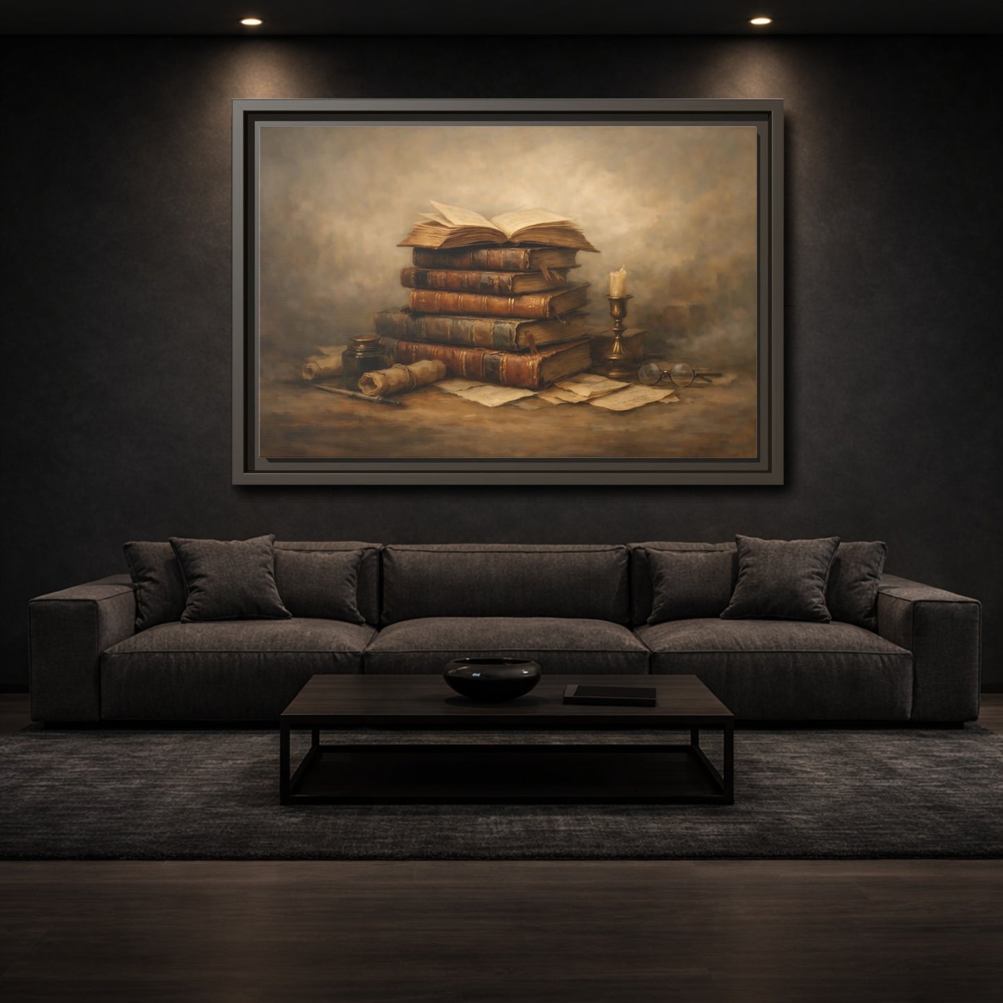 Mockup 2. Vintage Old Books Brown Books Still Life shown as stretched canvas wall art