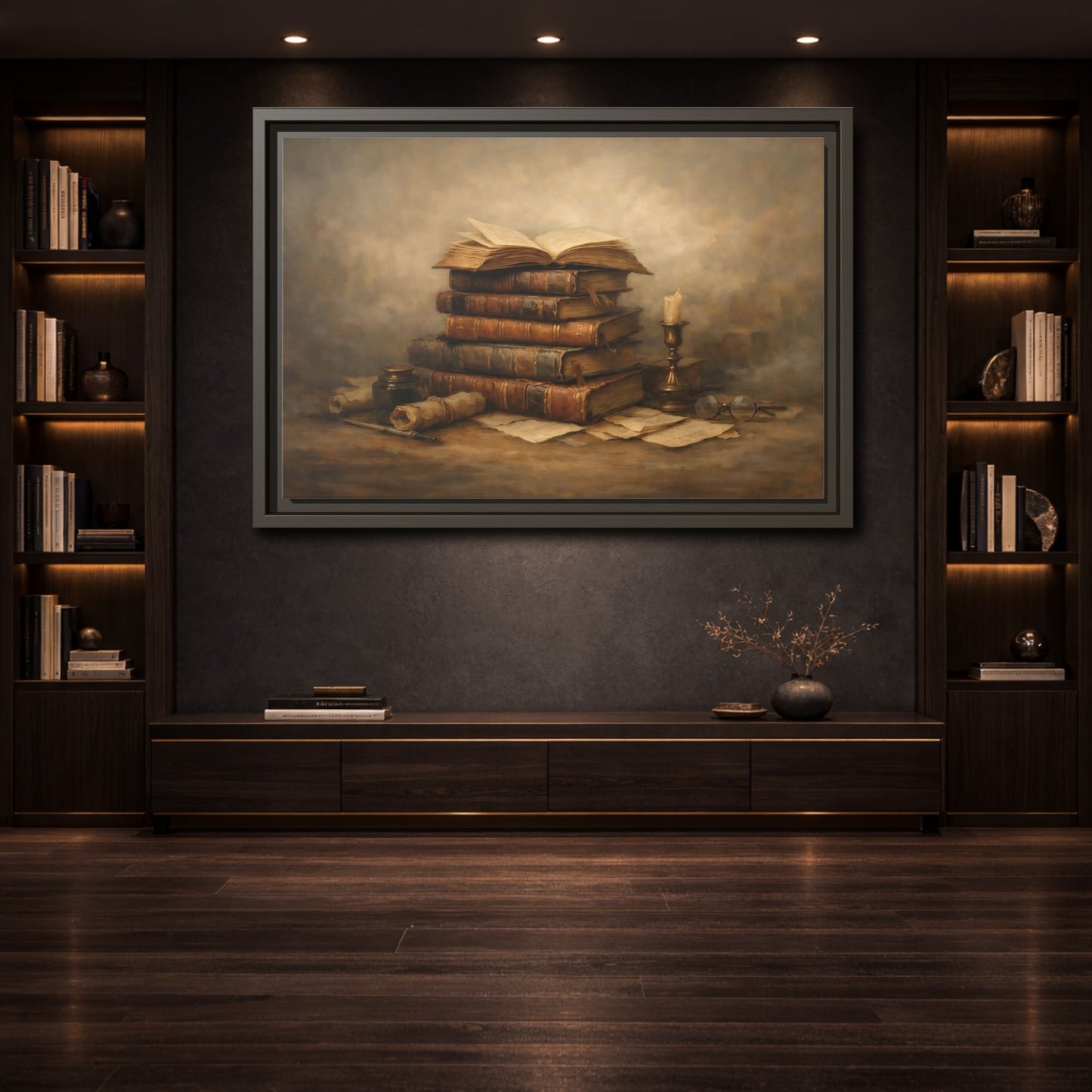 Mockup 3. Vintage Old Books Brown Books Still Life shown as stretched canvas wall art
