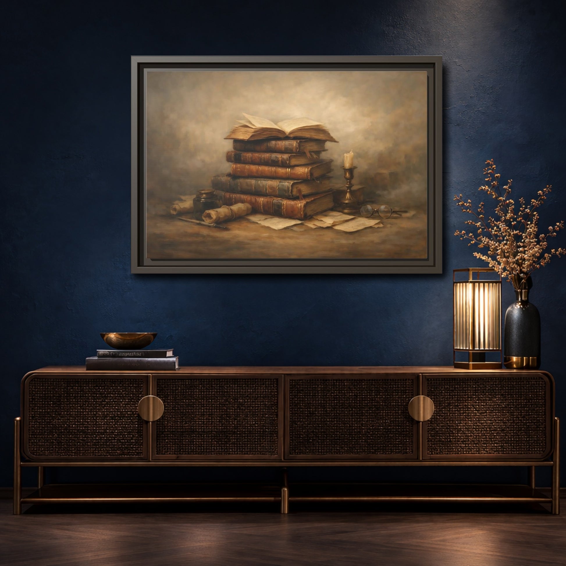 Mockup 4. Vintage Old Books Brown Books Still Life shown as stretched canvas wall art