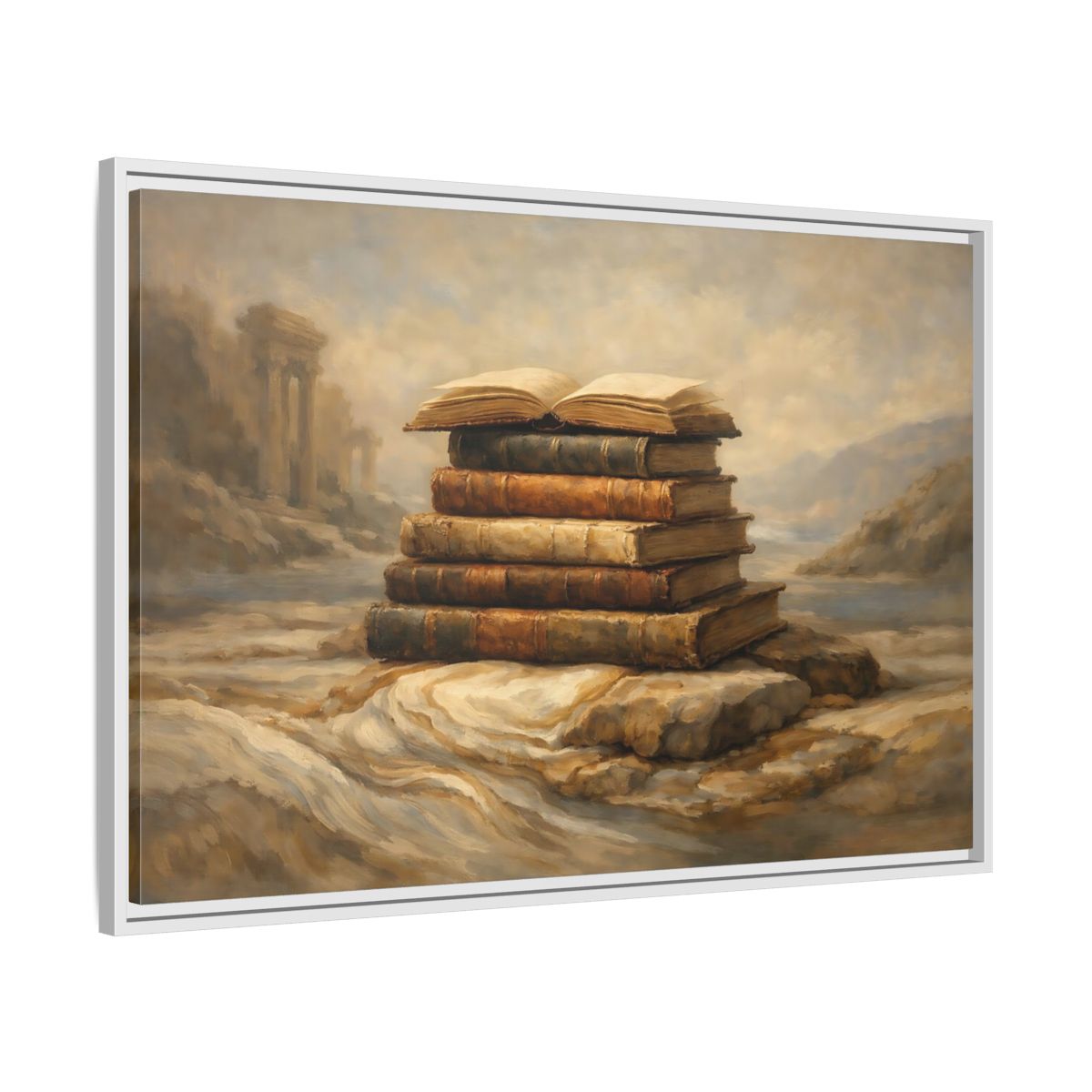 Side Mockup 8. Vintage Old Books Brown Books shown as stretched canvas wall art