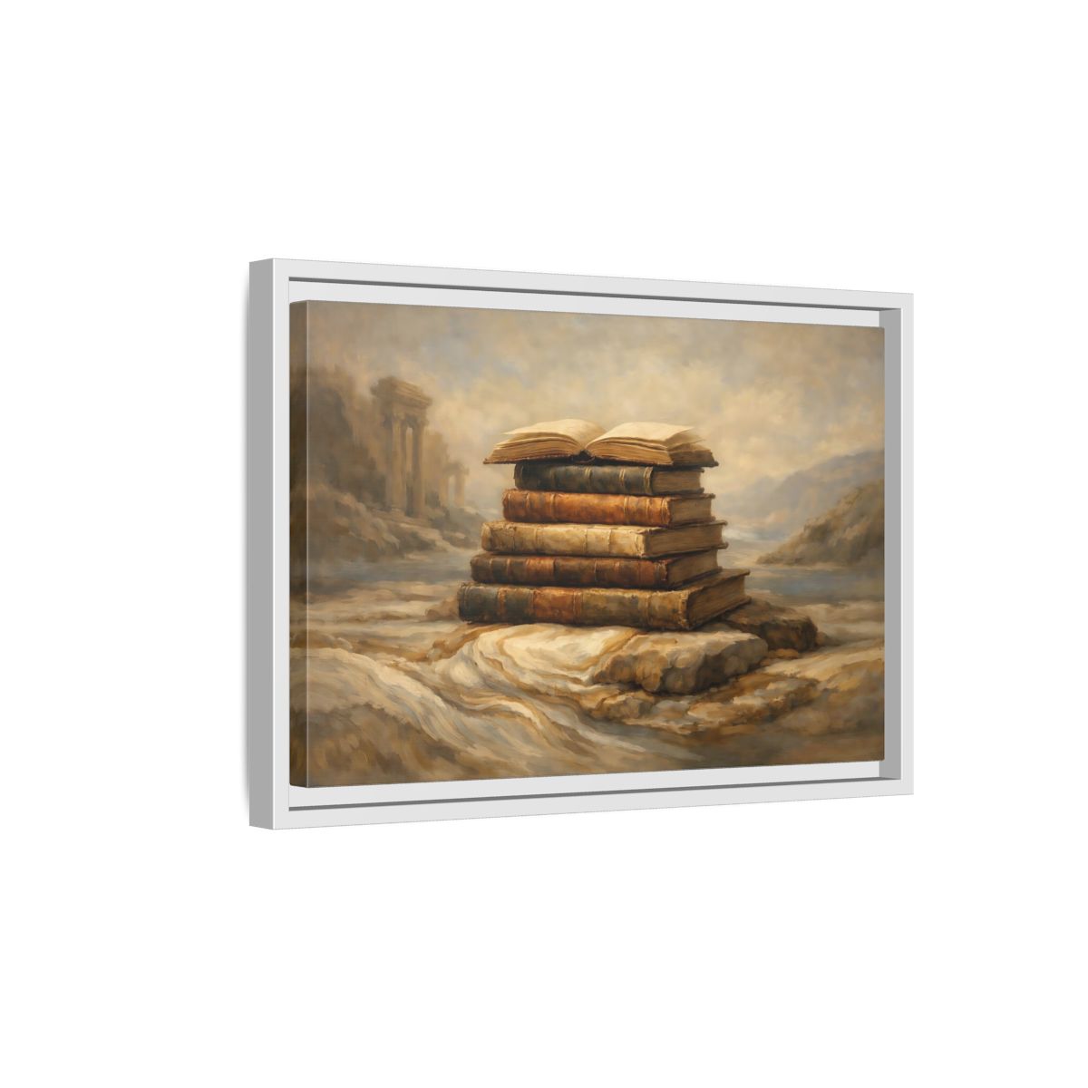 Side Mockup 4. Vintage Old Books Brown Books shown as stretched canvas wall art