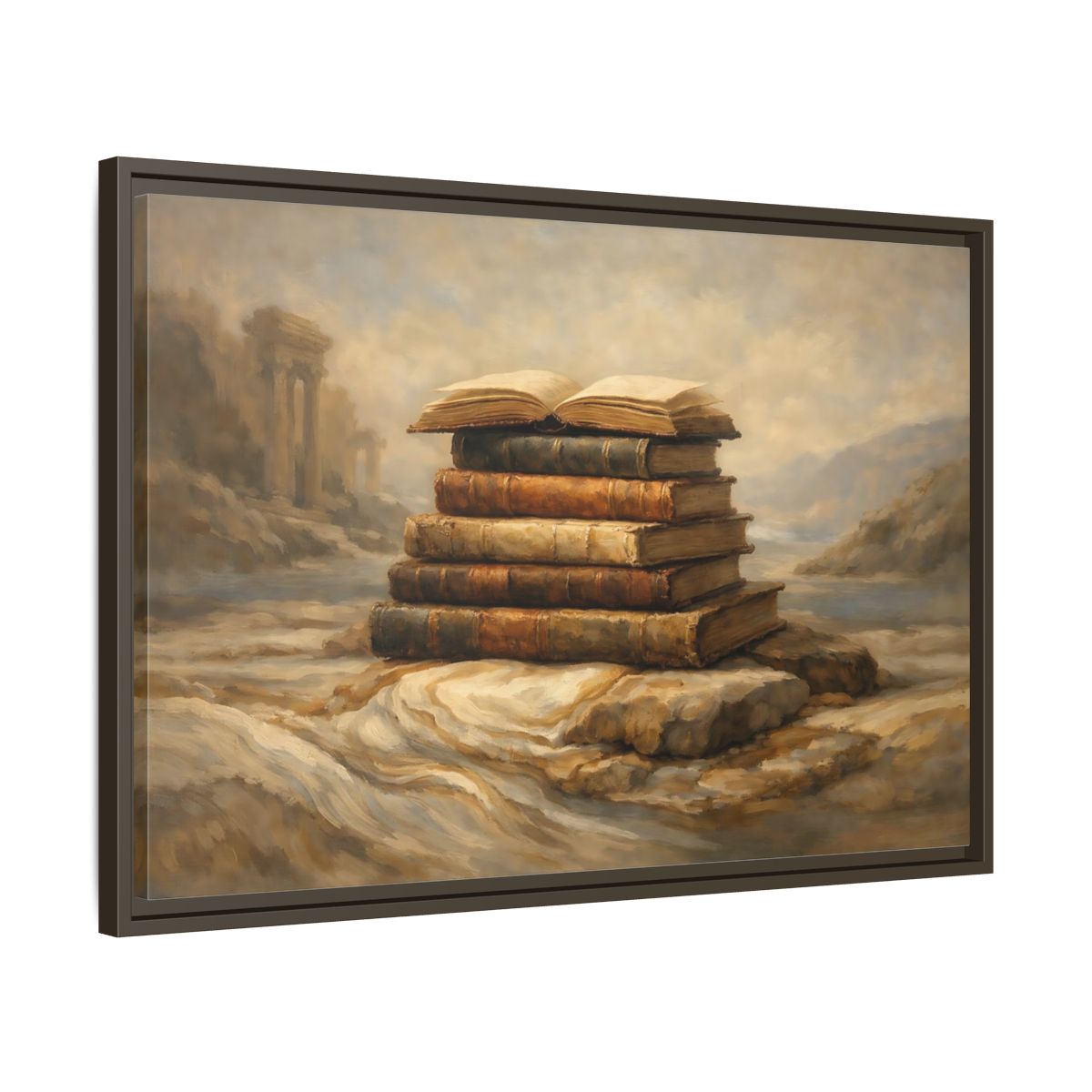 Side Mockup 11. Vintage Old Books Brown Books shown as stretched canvas wall art