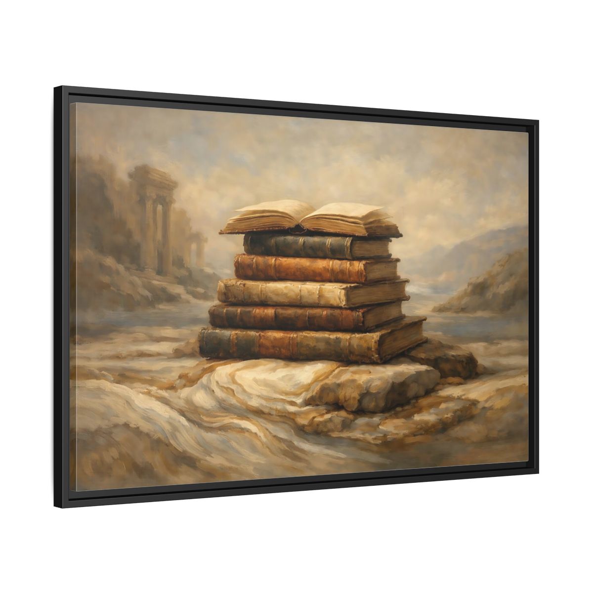 Side Mockup 13. Vintage Old Books Brown Books shown as stretched canvas wall art