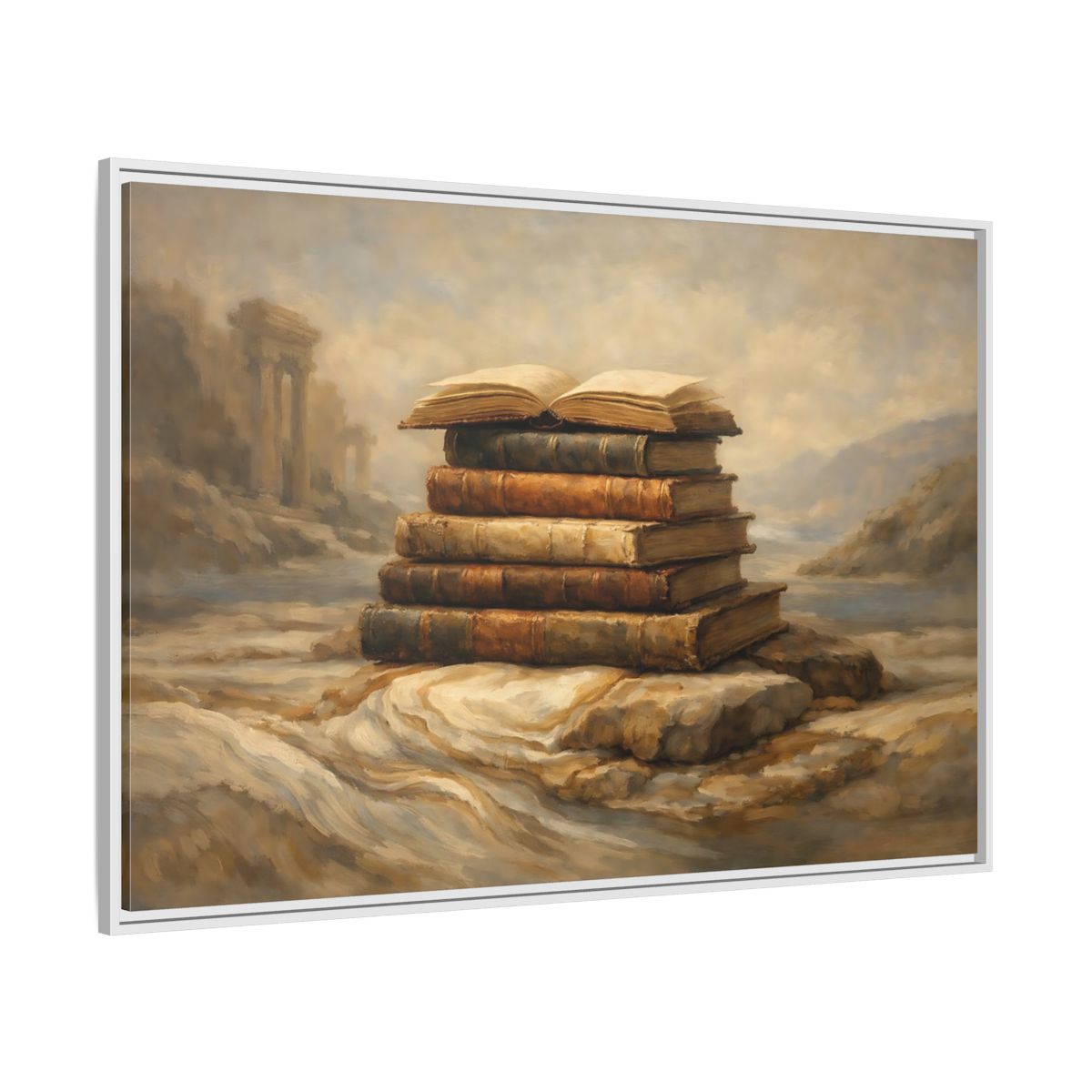 Side Mockup 7. Vintage Old Books Brown Books shown as stretched canvas wall art