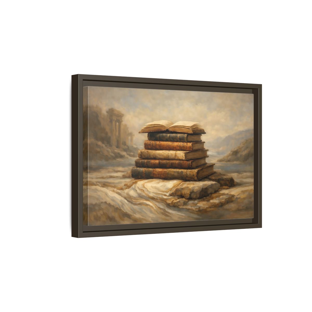 Side Mockup 5. Vintage Old Books Brown Books shown as stretched canvas wall art