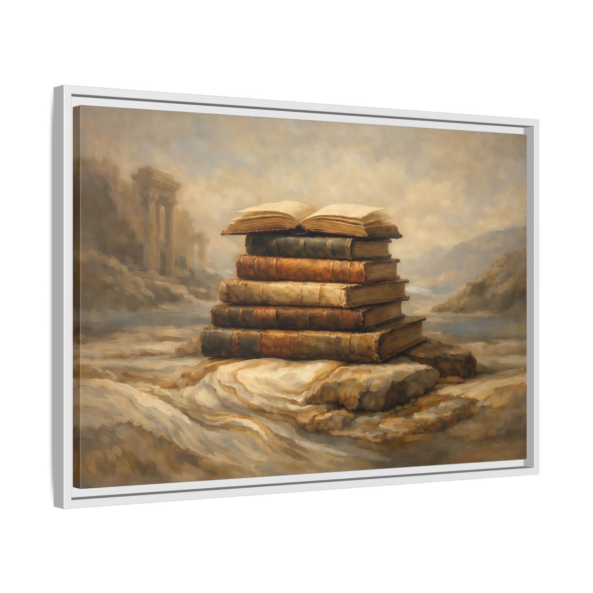 Side Mockup 10. Vintage Old Books Brown Books shown as stretched canvas wall art