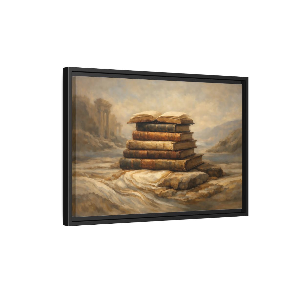 Side Mockup 3. Vintage Old Books Brown Books shown as stretched canvas wall art