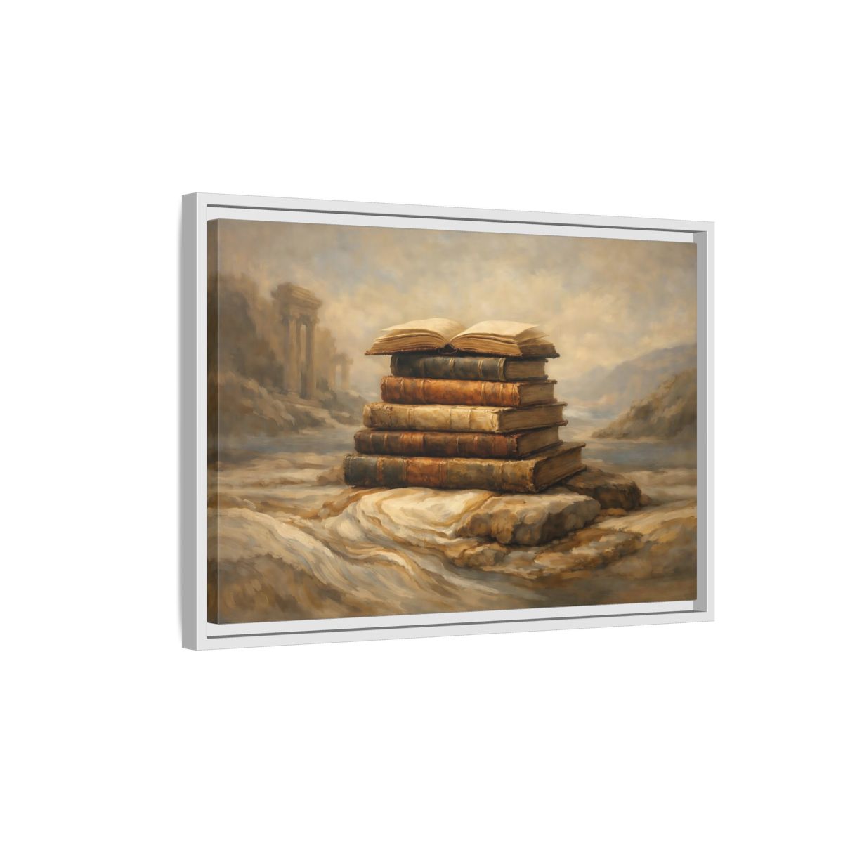 Side Mockup 1. Vintage Old Books Brown Books shown as stretched canvas wall art