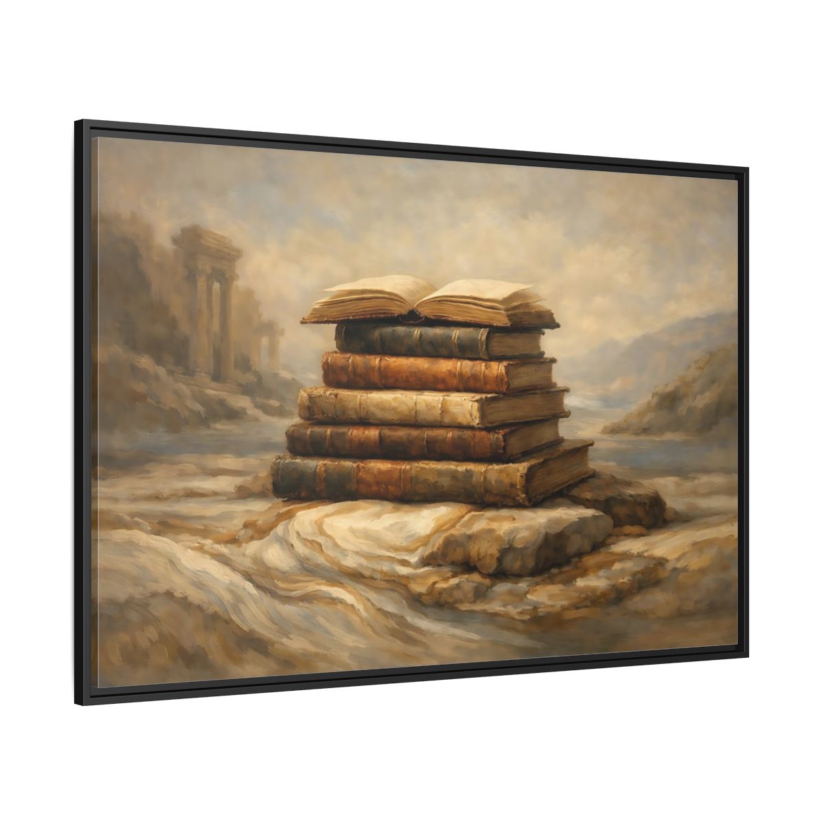 Side Mockup 12. Vintage Old Books Brown Books shown as stretched canvas wall art