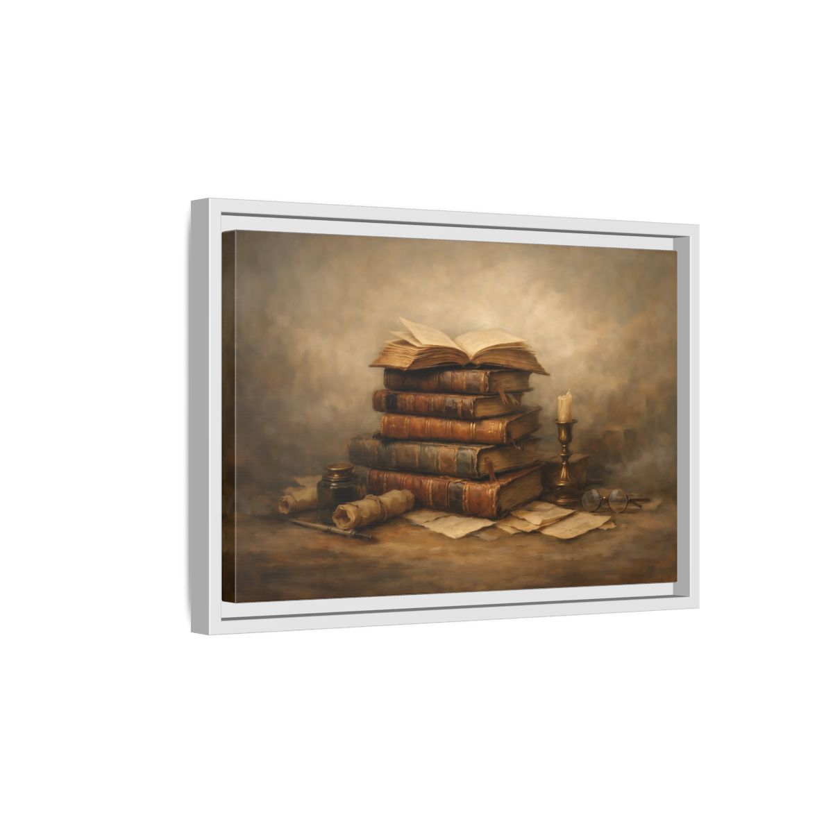 Side Mockup 4. Vintage Old Books Brown Books Still Life shown as stretched canvas wall art