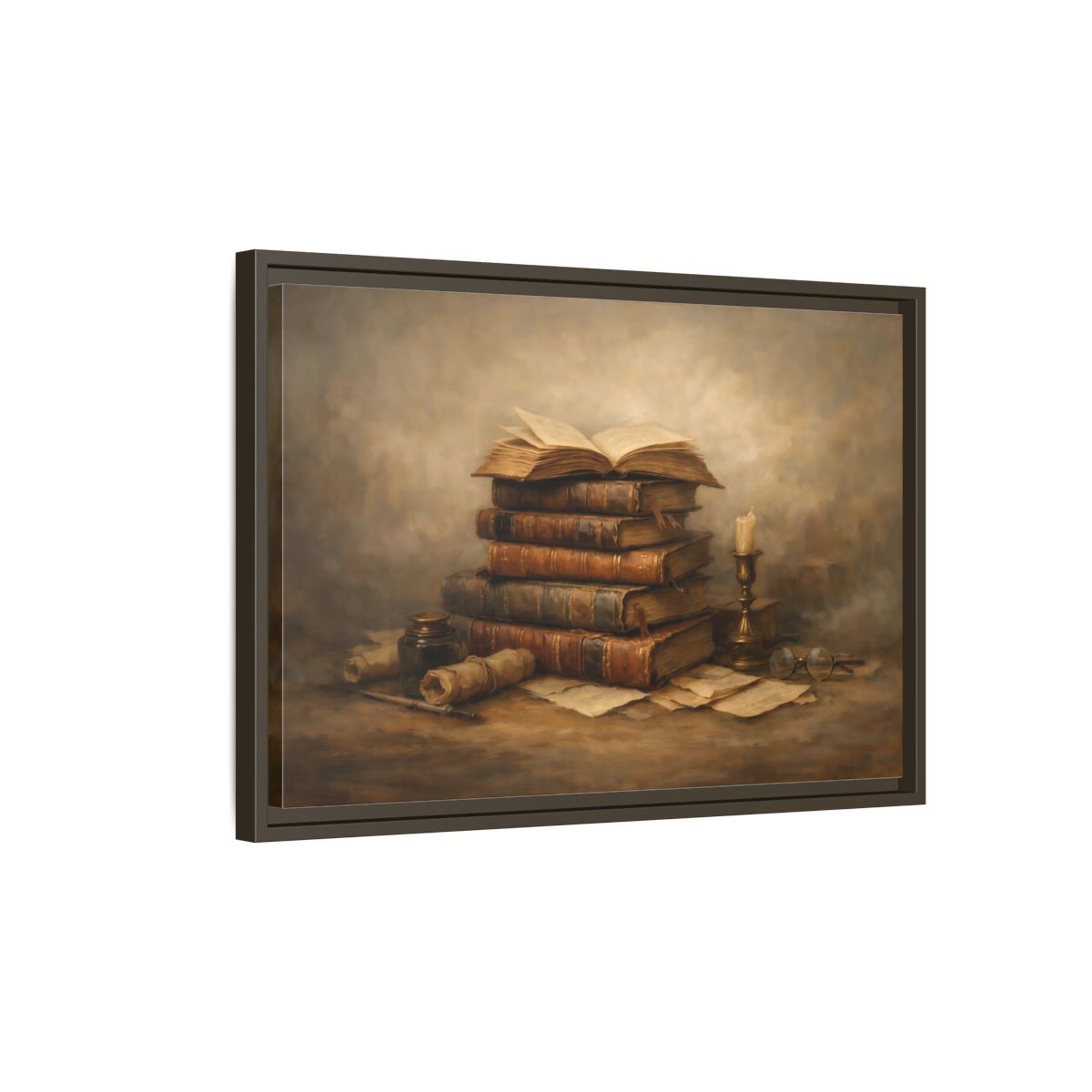 Side Mockup 2. Vintage Old Books Brown Books Still Life shown as stretched canvas wall art