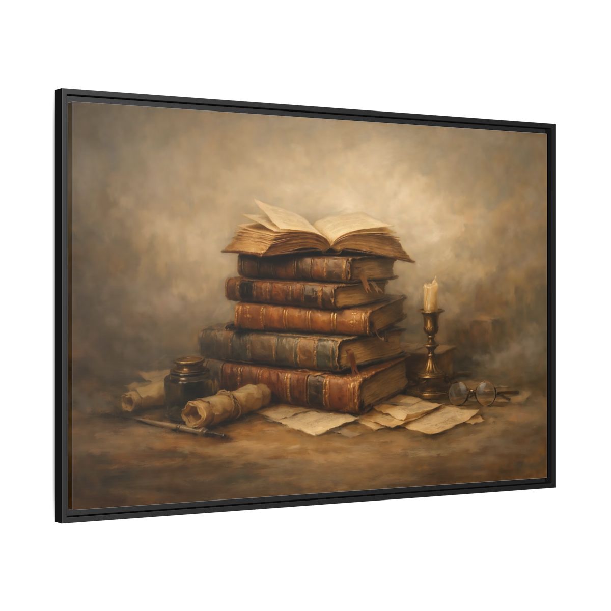 Side Mockup 12. Vintage Old Books Brown Books Still Life shown as stretched canvas wall art