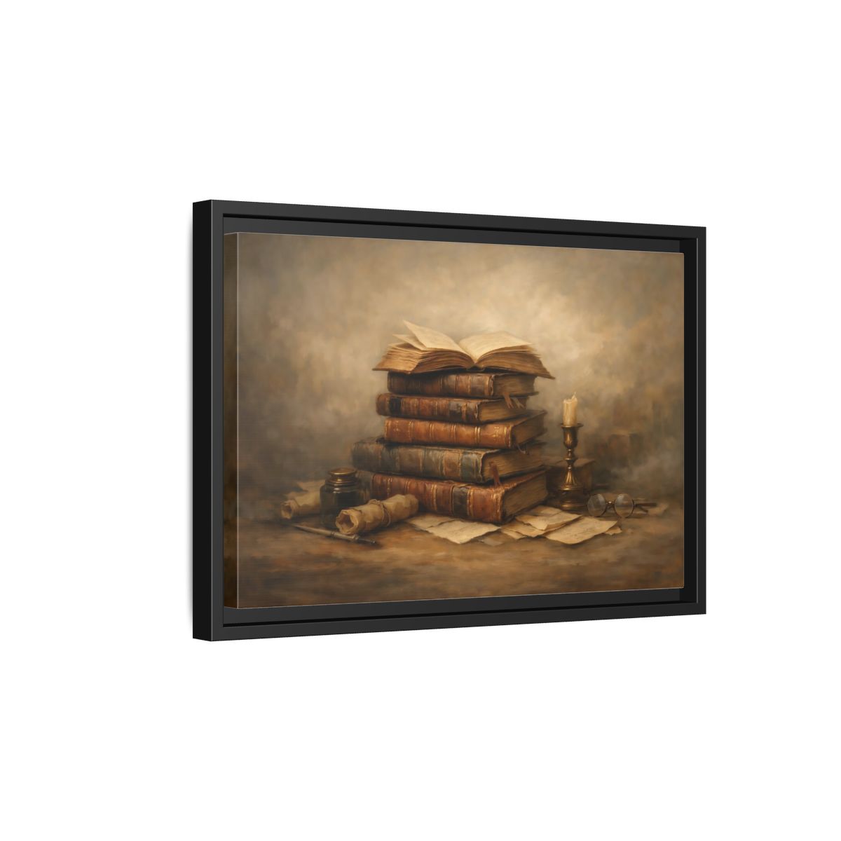 Side Mockup 6. Vintage Old Books Brown Books Still Life shown as stretched canvas wall art