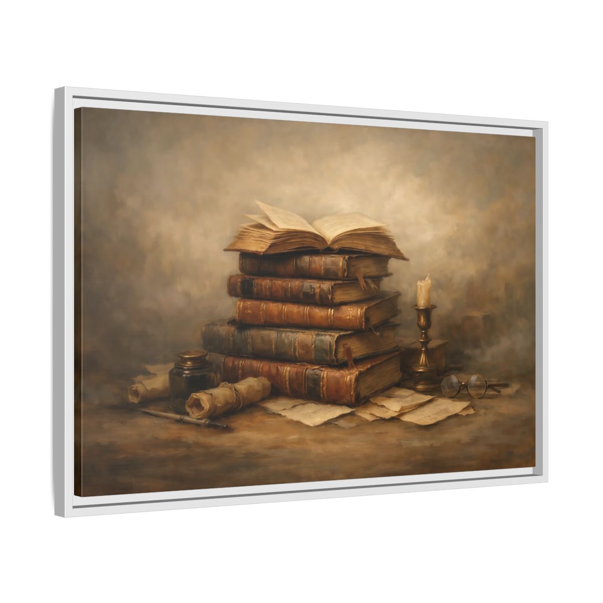 Side Mockup 10. Vintage Old Books Brown Books Still Life shown as stretched canvas wall art
