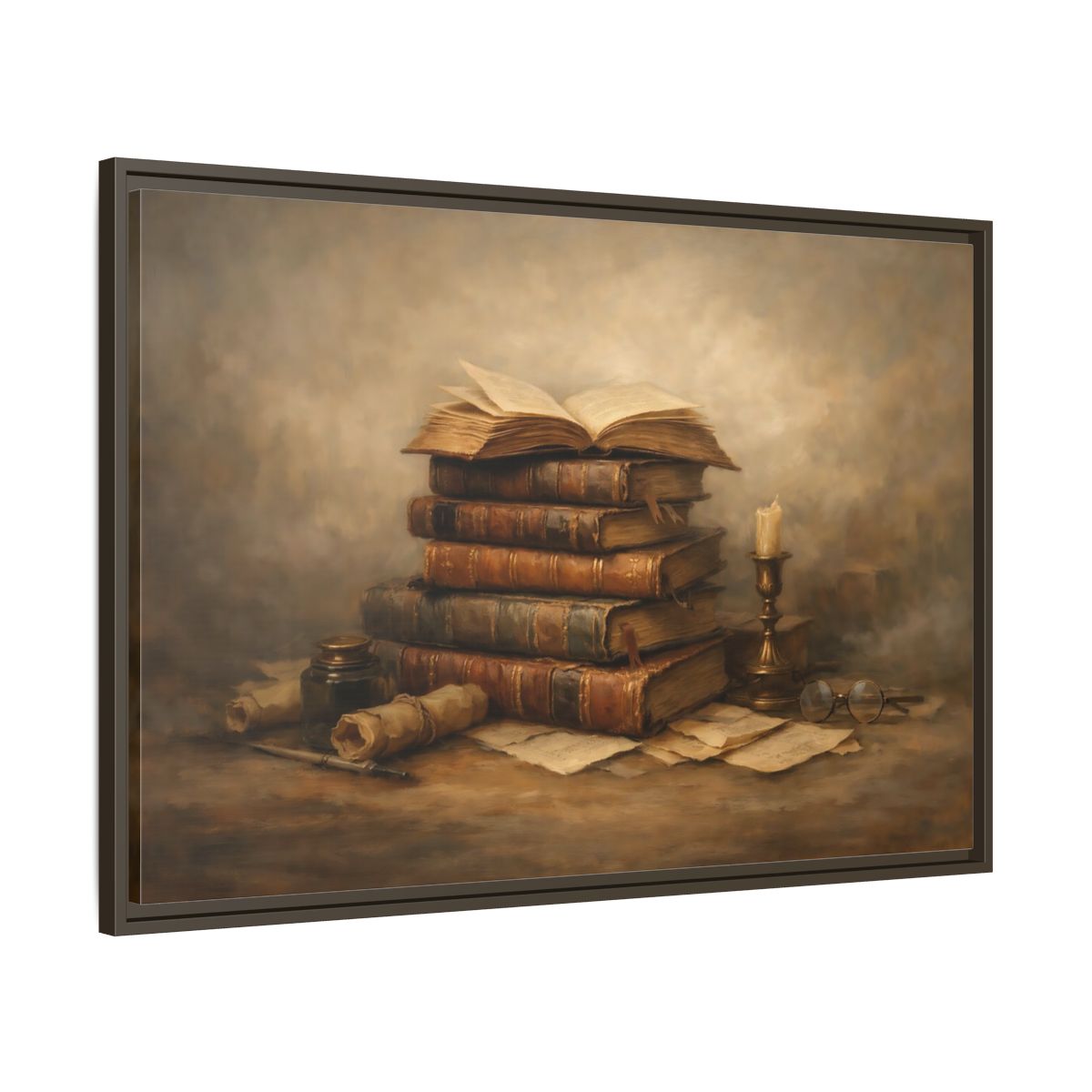 Side Mockup 9. Vintage Old Books Brown Books Still Life shown as stretched canvas wall art