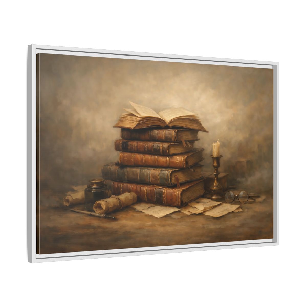 Side Mockup 8. Vintage Old Books Brown Books Still Life shown as stretched canvas wall art