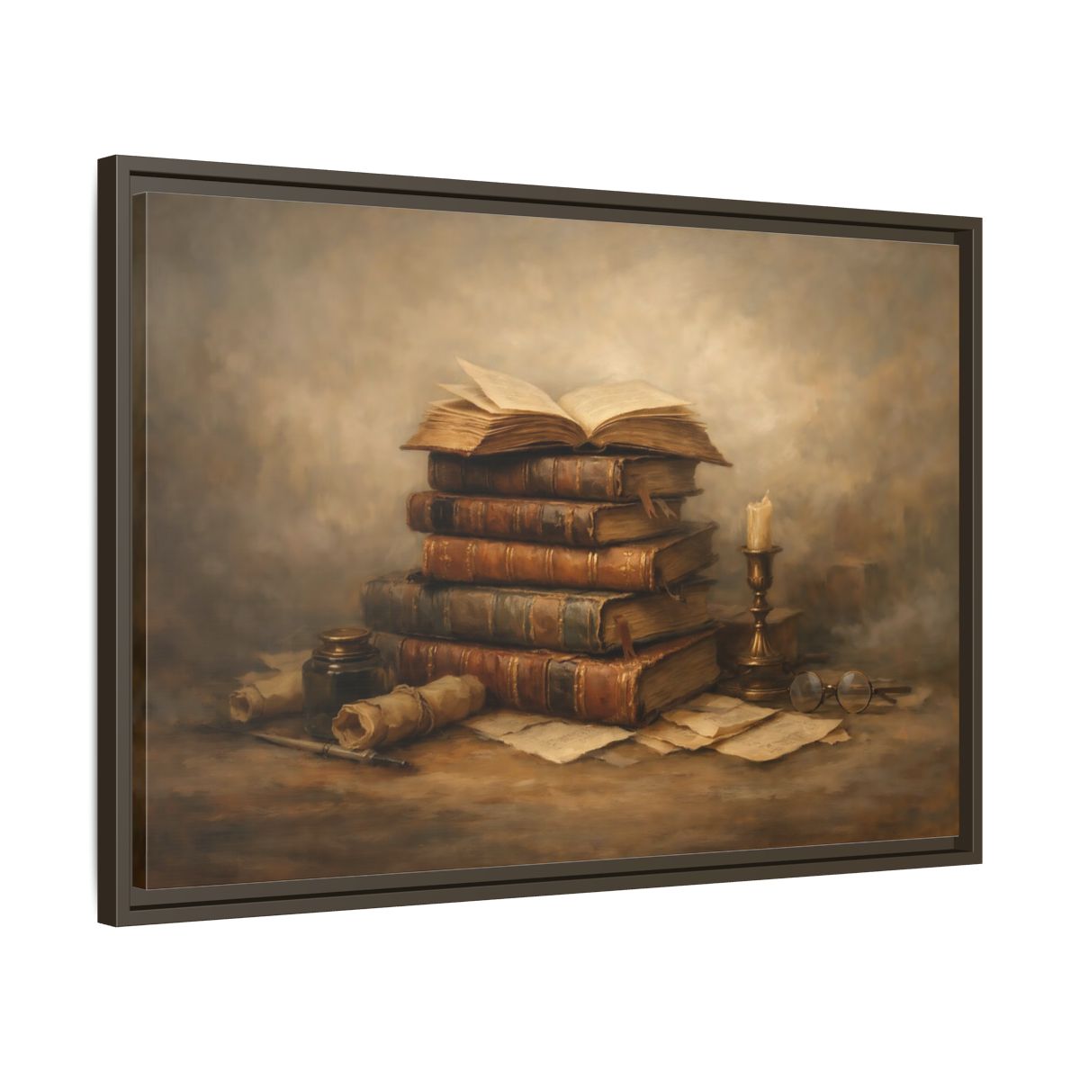 Side Mockup 11. Vintage Old Books Brown Books Still Life shown as stretched canvas wall art