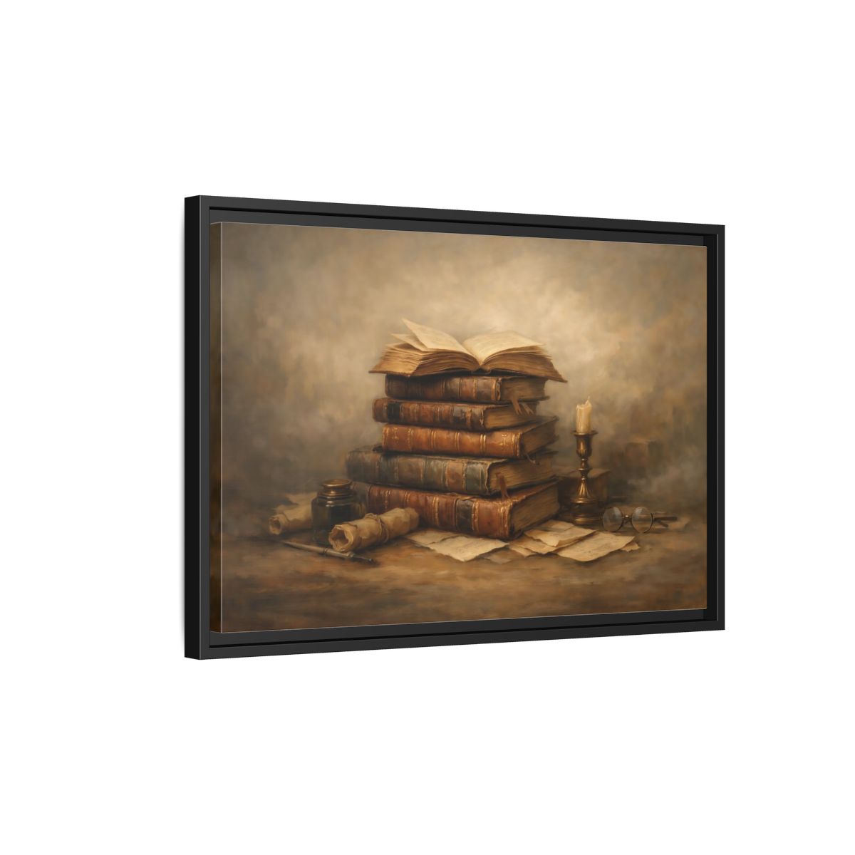 Side Mockup 3. Vintage Old Books Brown Books Still Life shown as stretched canvas wall art