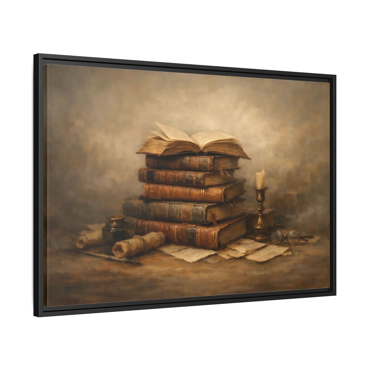 Side Mockup 13. Vintage Old Books Brown Books Still Life shown as stretched canvas wall art
