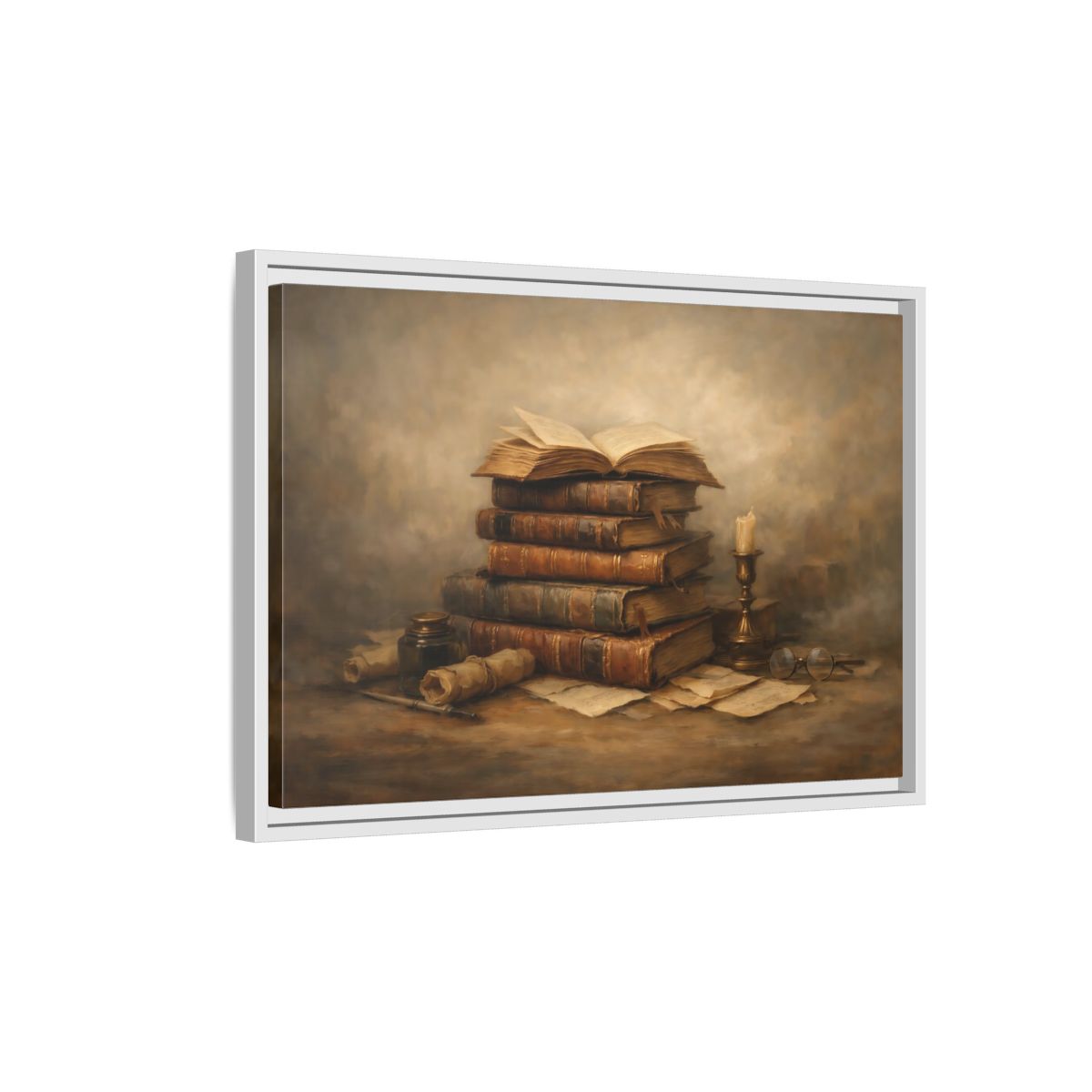 Side Mockup 1. Vintage Old Books Brown Books Still Life shown as stretched canvas wall art