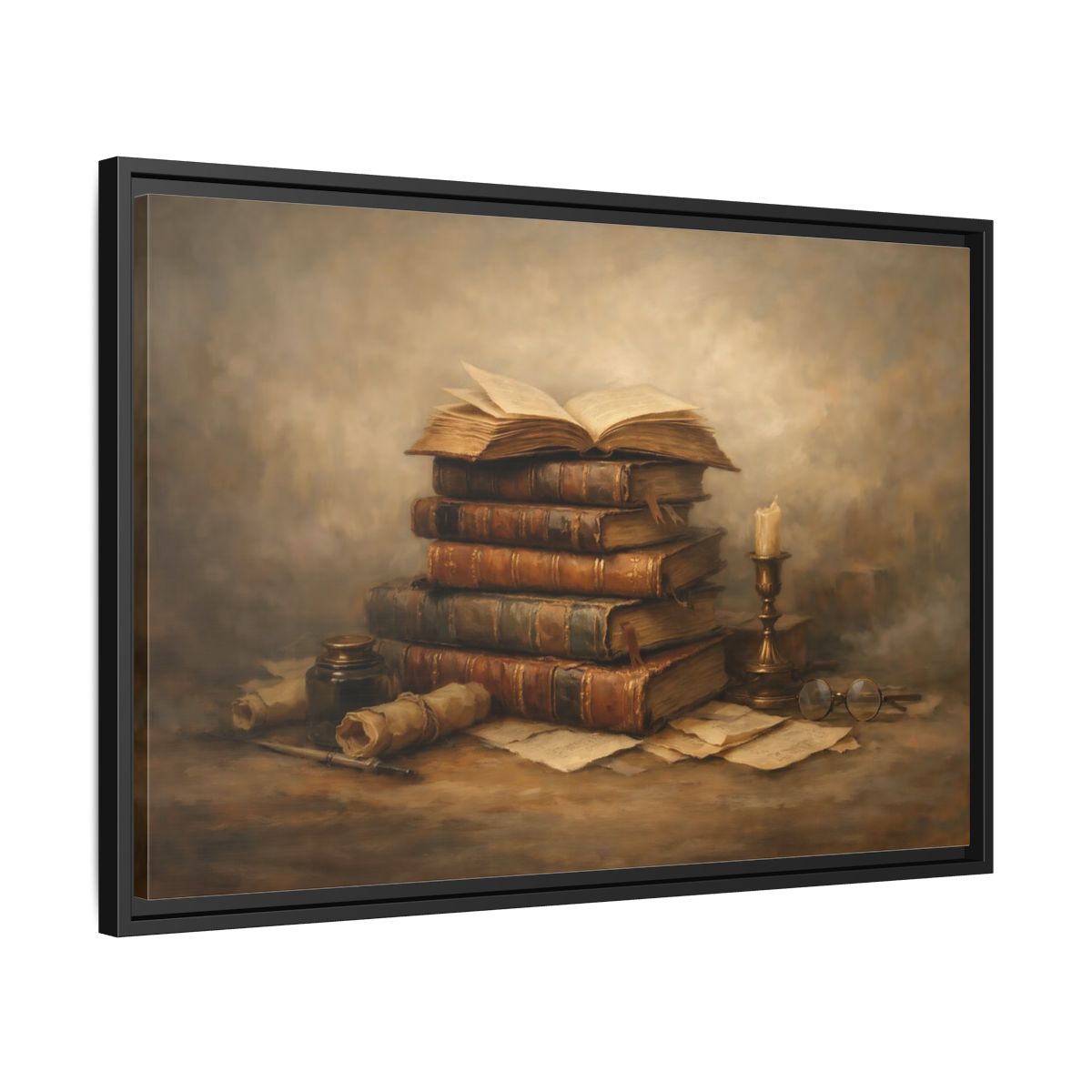 Side Mockup 14. Vintage Old Books Brown Books Still Life shown as stretched canvas wall art