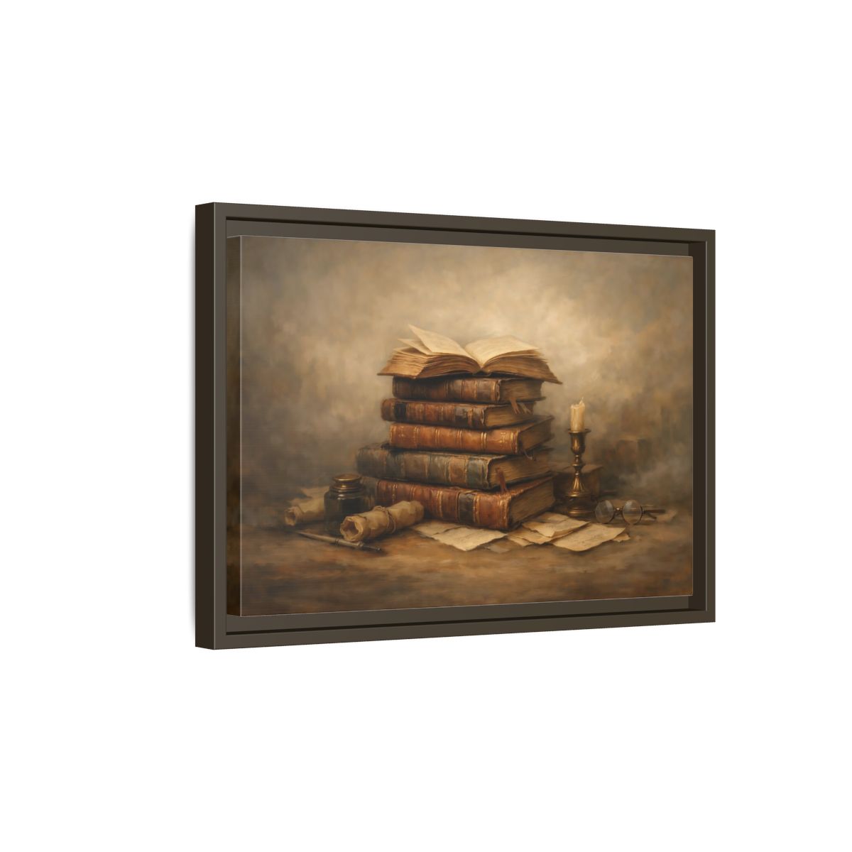 Side Mockup 5. Vintage Old Books Brown Books Still Life shown as stretched canvas wall art