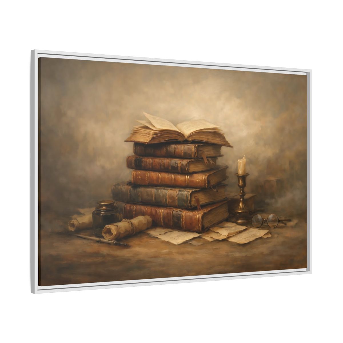 Side Mockup 7. Vintage Old Books Brown Books Still Life shown as stretched canvas wall art