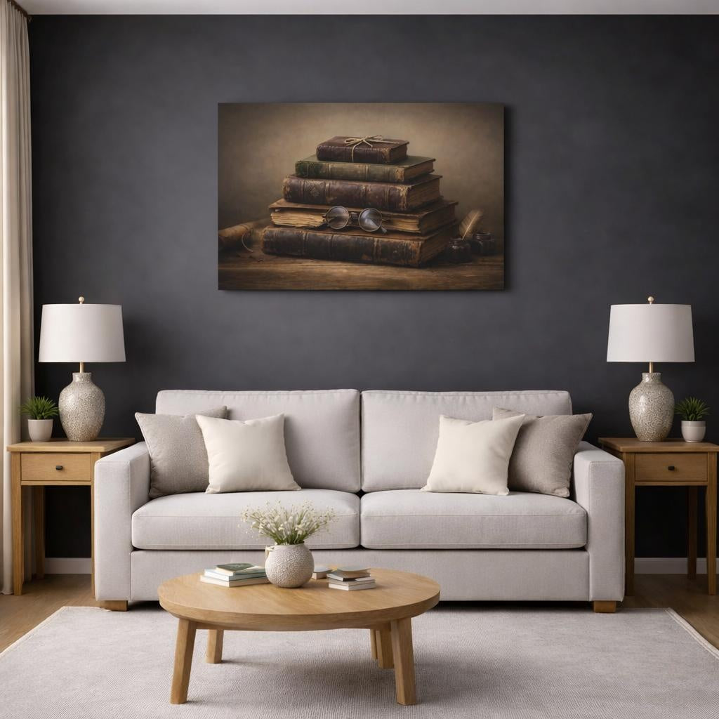 Vintage Old Books Stack shown as canvas wall art in a modern living room
