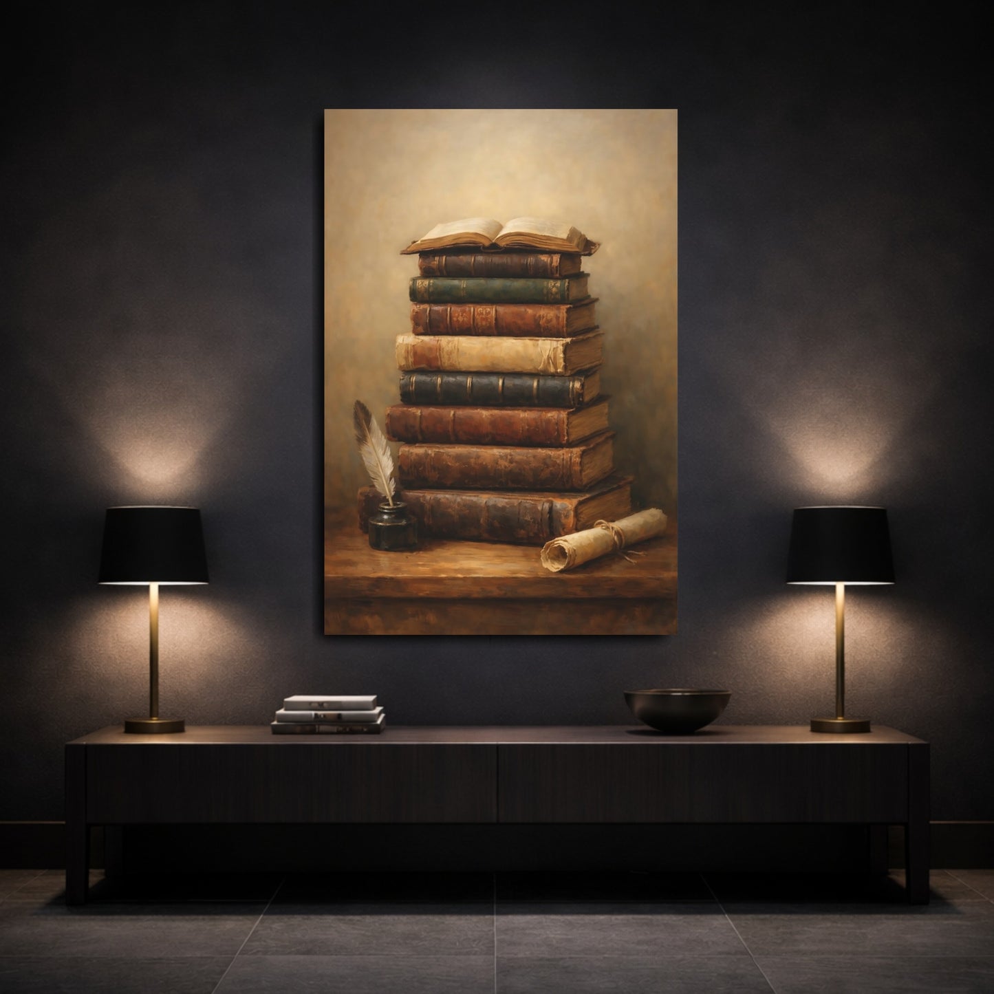 Mockup 2. Vintage Old Books Vintage Book Still Life shown as stretched canvas wall art
