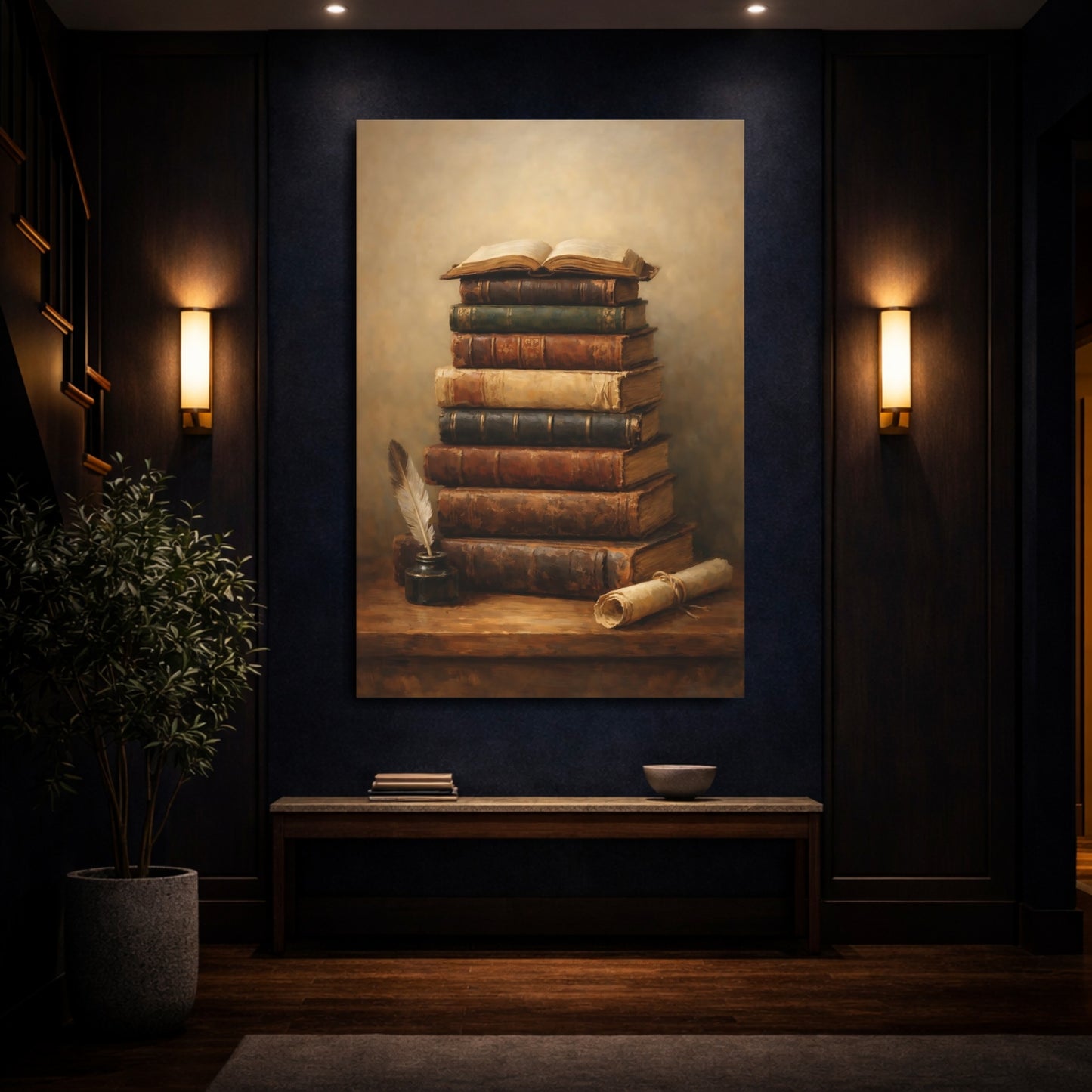 Mockup 3. Vintage Old Books Vintage Book Still Life shown as stretched canvas wall art