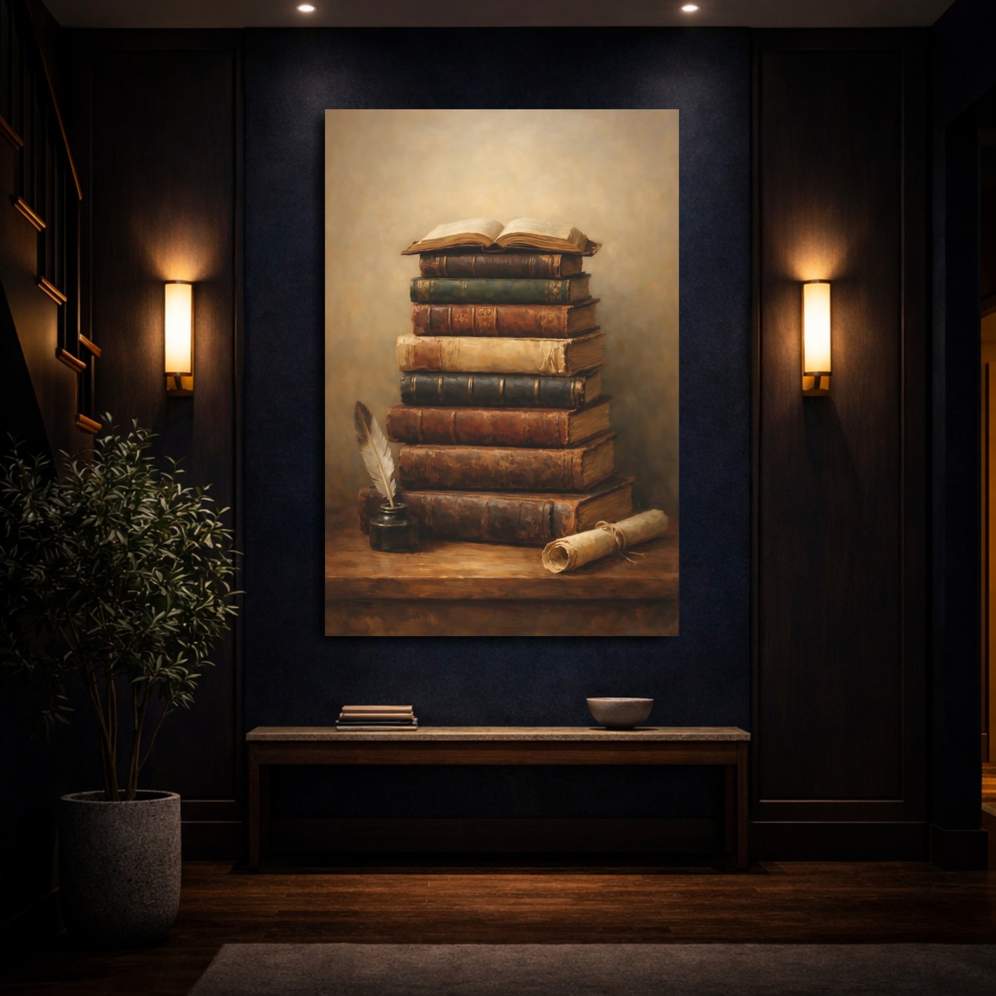 Mockup 3. Vintage Old Books Vintage Book Still Life shown as stretched canvas wall art