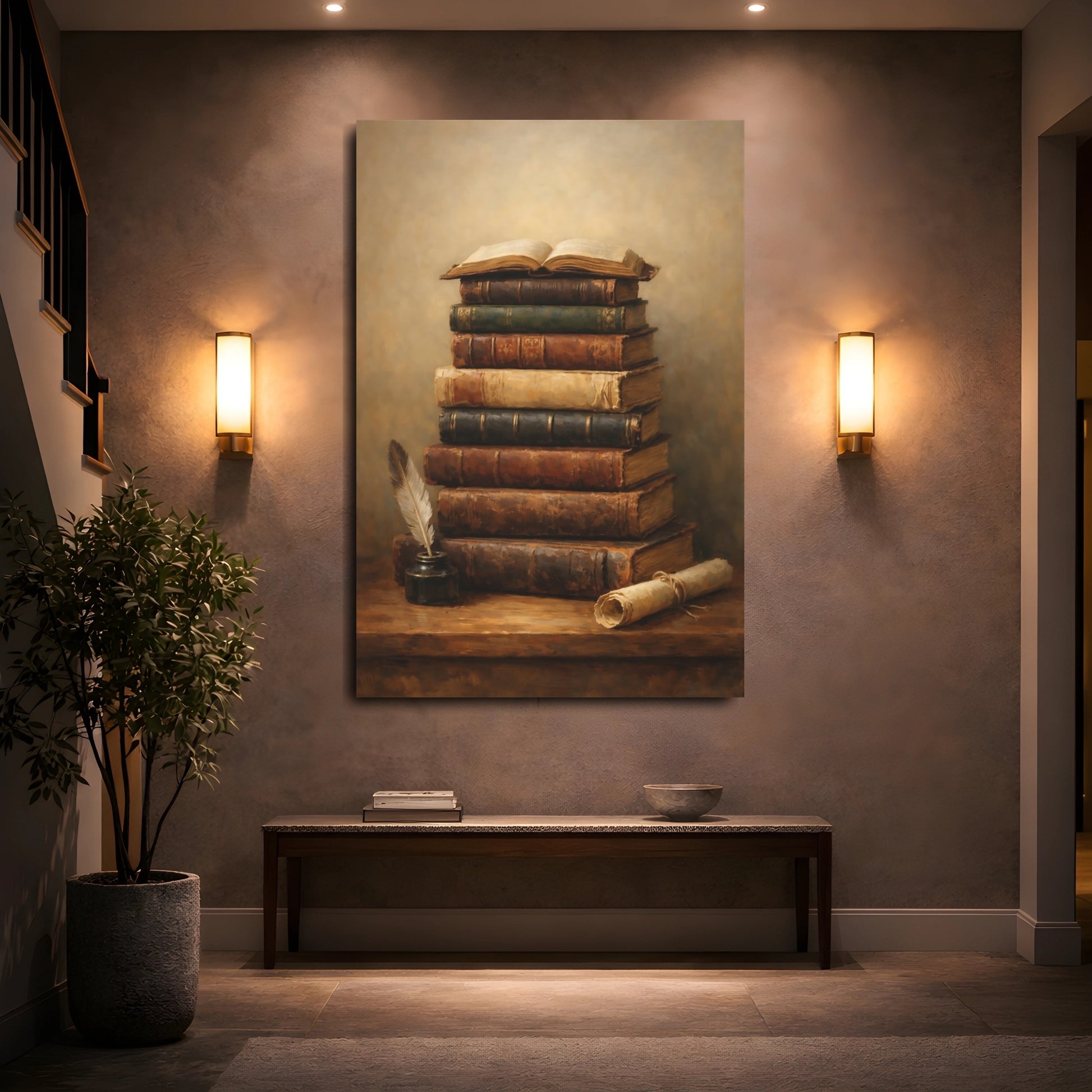 Mockup 4. Vintage Old Books Vintage Book Still Life shown as stretched canvas wall art