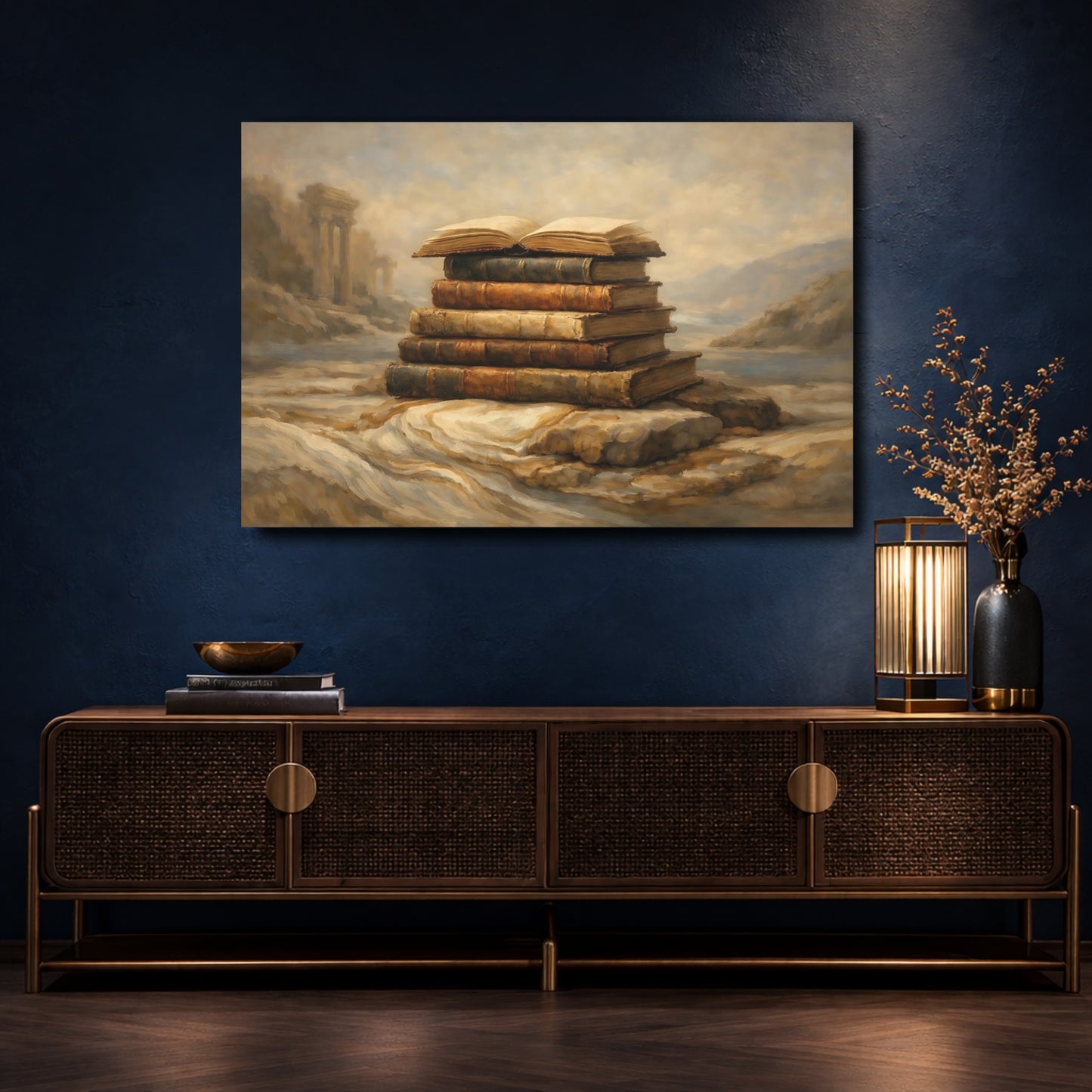 Mockup 4. Vintage Old Books Vintage Books Landscape shown as stretched canvas wall art