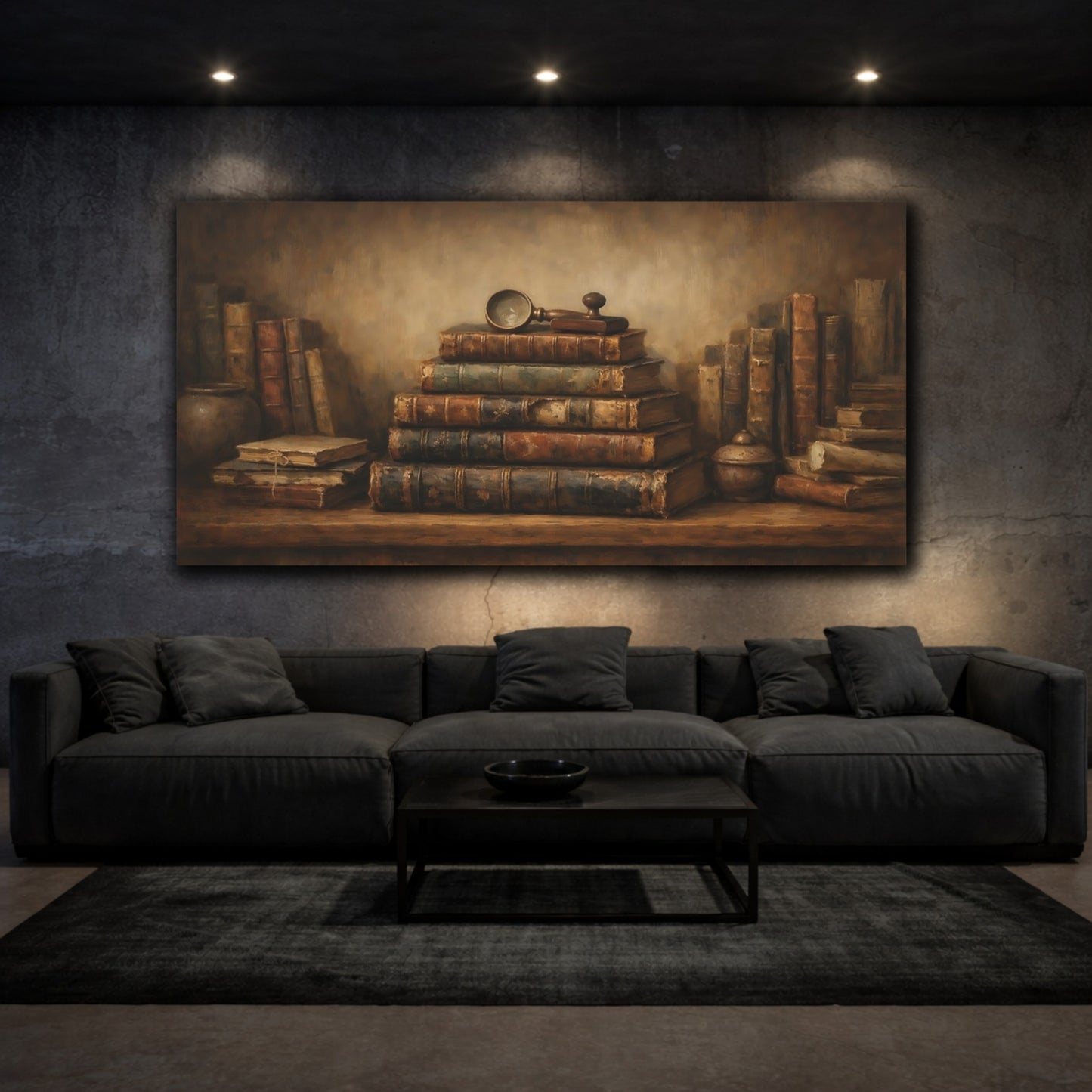 Mockup 2. Vintage Old Books Vintage Bookshelf shown as stretched canvas wall art
