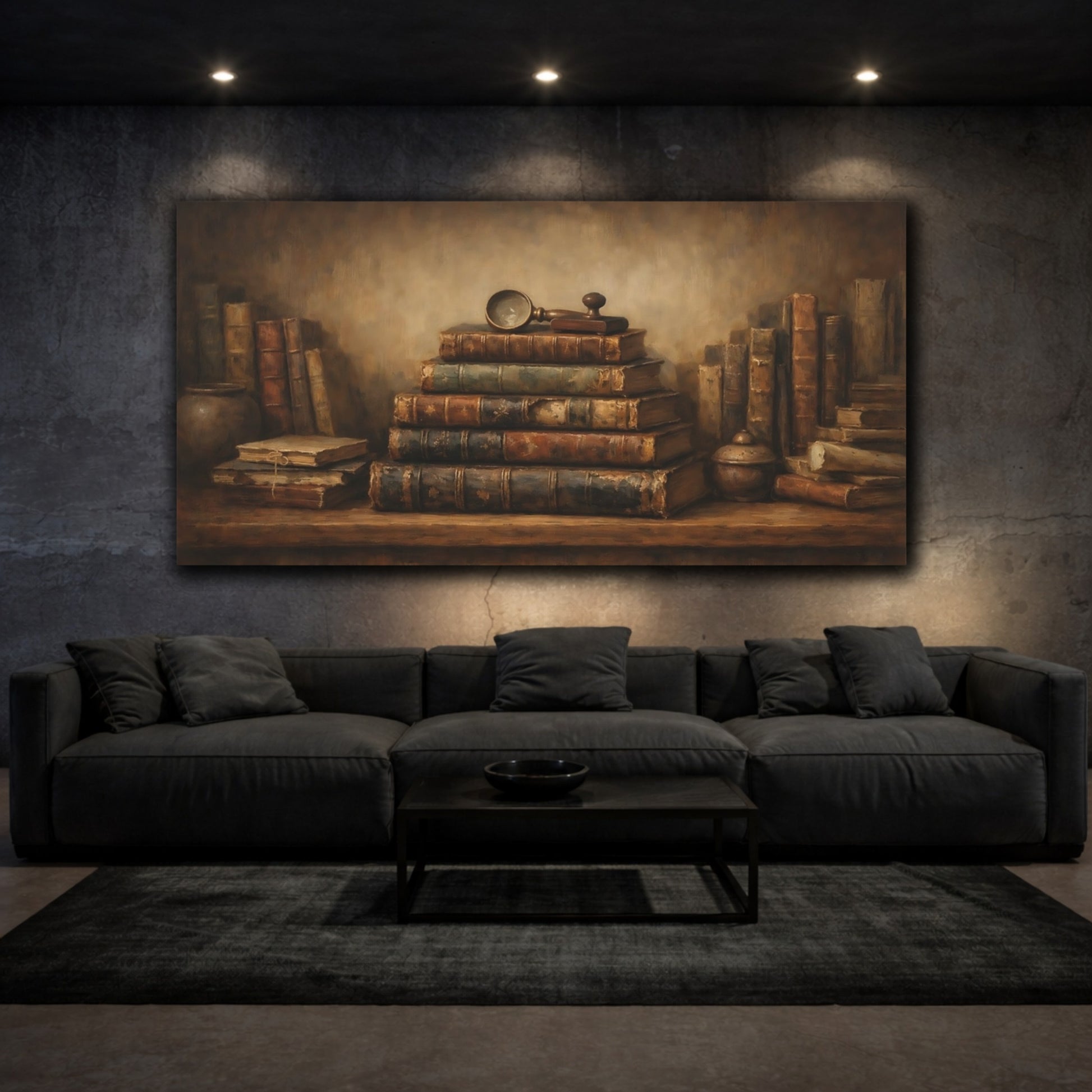 Mockup 2. Vintage Old Books Vintage Bookshelf shown as stretched canvas wall art